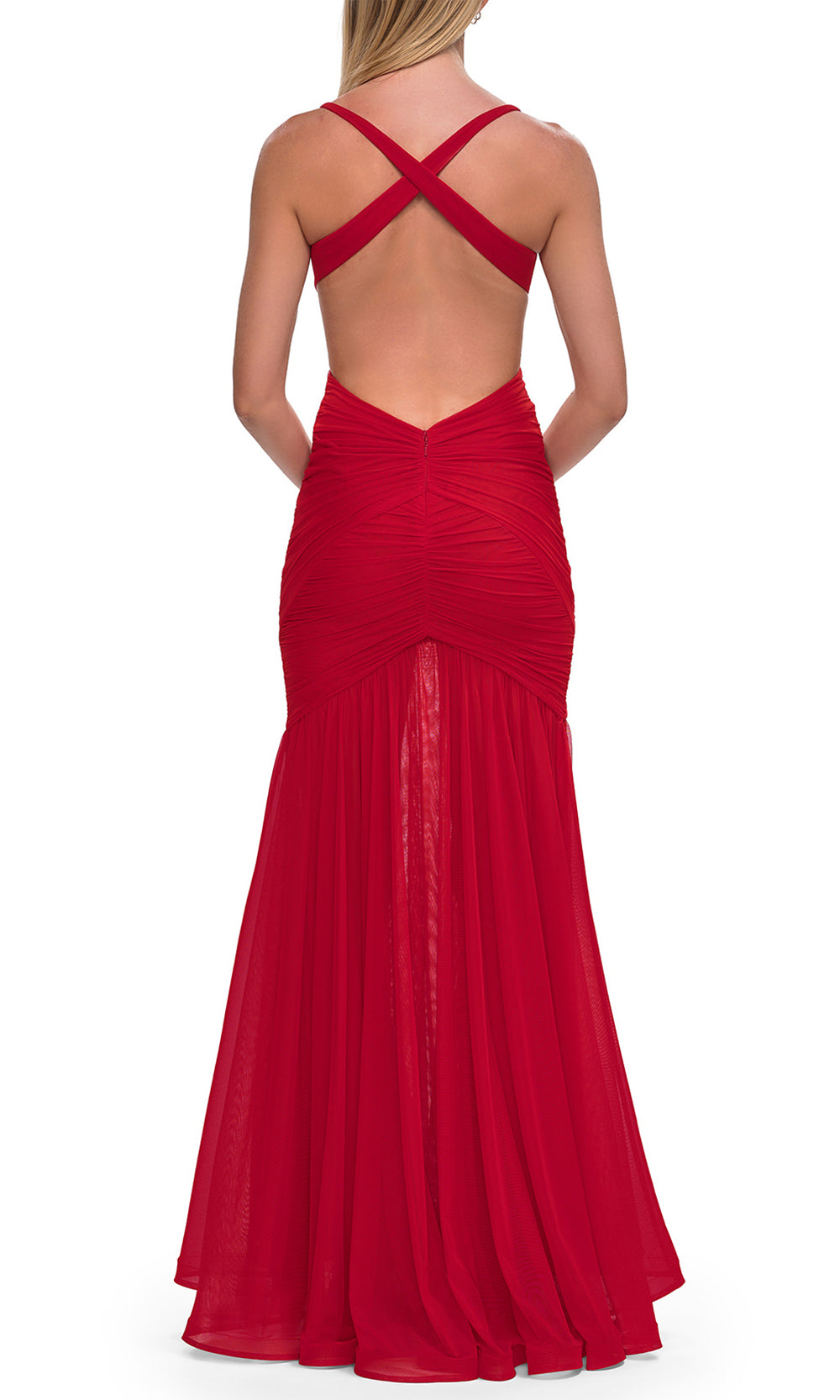 La Femme 33626 - Crisscross Open Back Ruched Evening Gown Prom Dresses in Red 