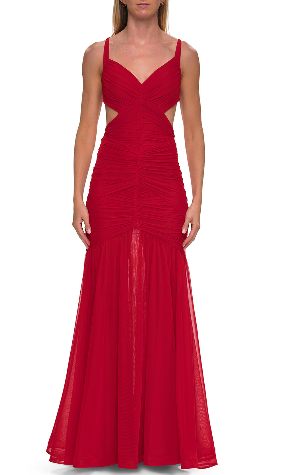 La Femme 33626 - Crisscross Open Back Ruched Evening Gown Prom Dresses in Red 