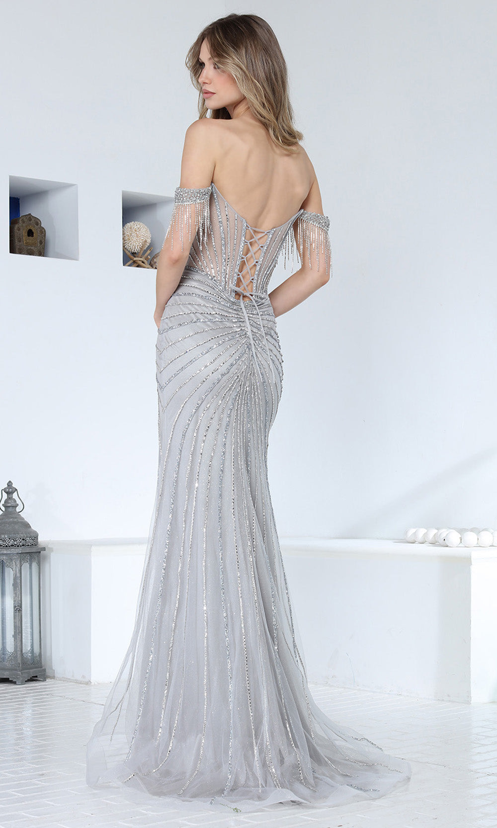 Adora Design 3362 - Linear Beaded Sheath Evening Gown with Slit Prom Dresses in Silver  
