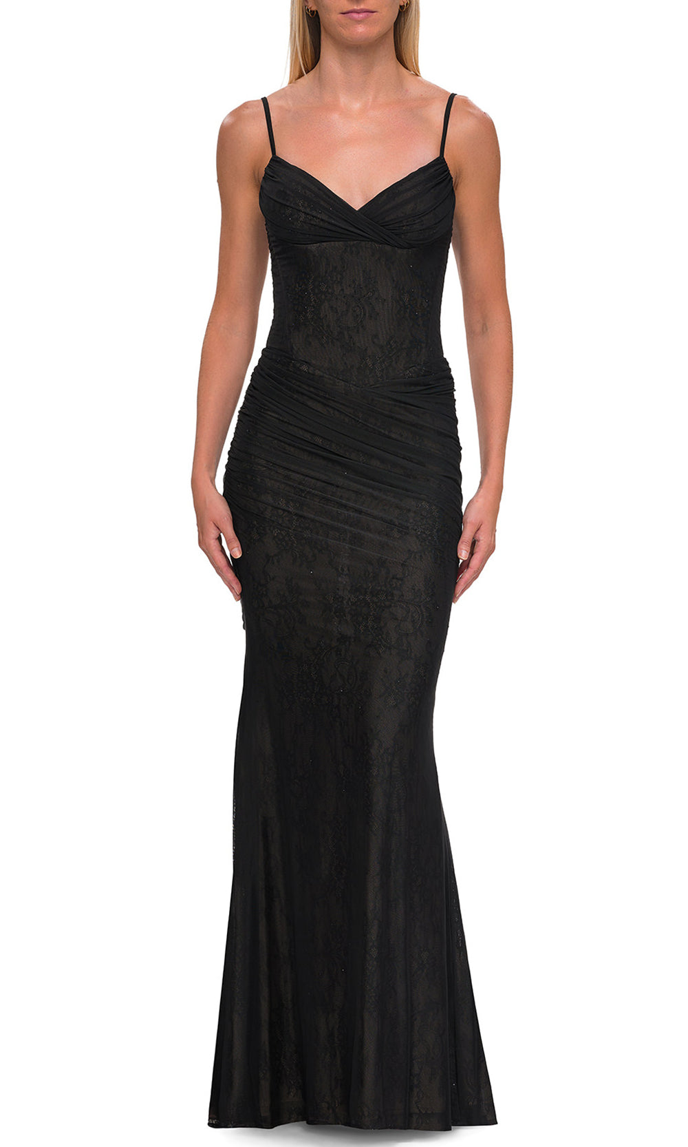 La Femme 33632 - V-Neckline Fitted Embellished Prom Gown Prom Dresses in Black 
