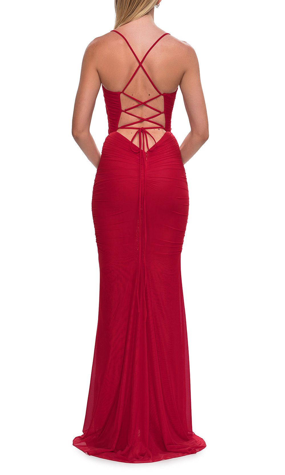 La Femme 33638 - Ruched Sheath Gown with V-Neckline Prom Dresses in Red 