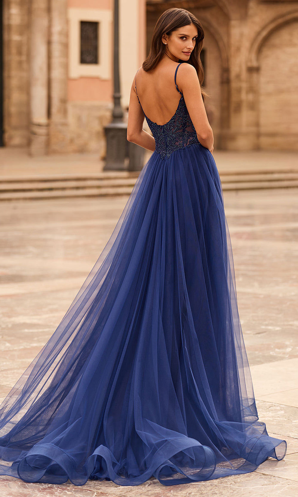 La Femme 33674 - Scoop Back Applique A-Line Gown Prom Dresses in Marine Blue