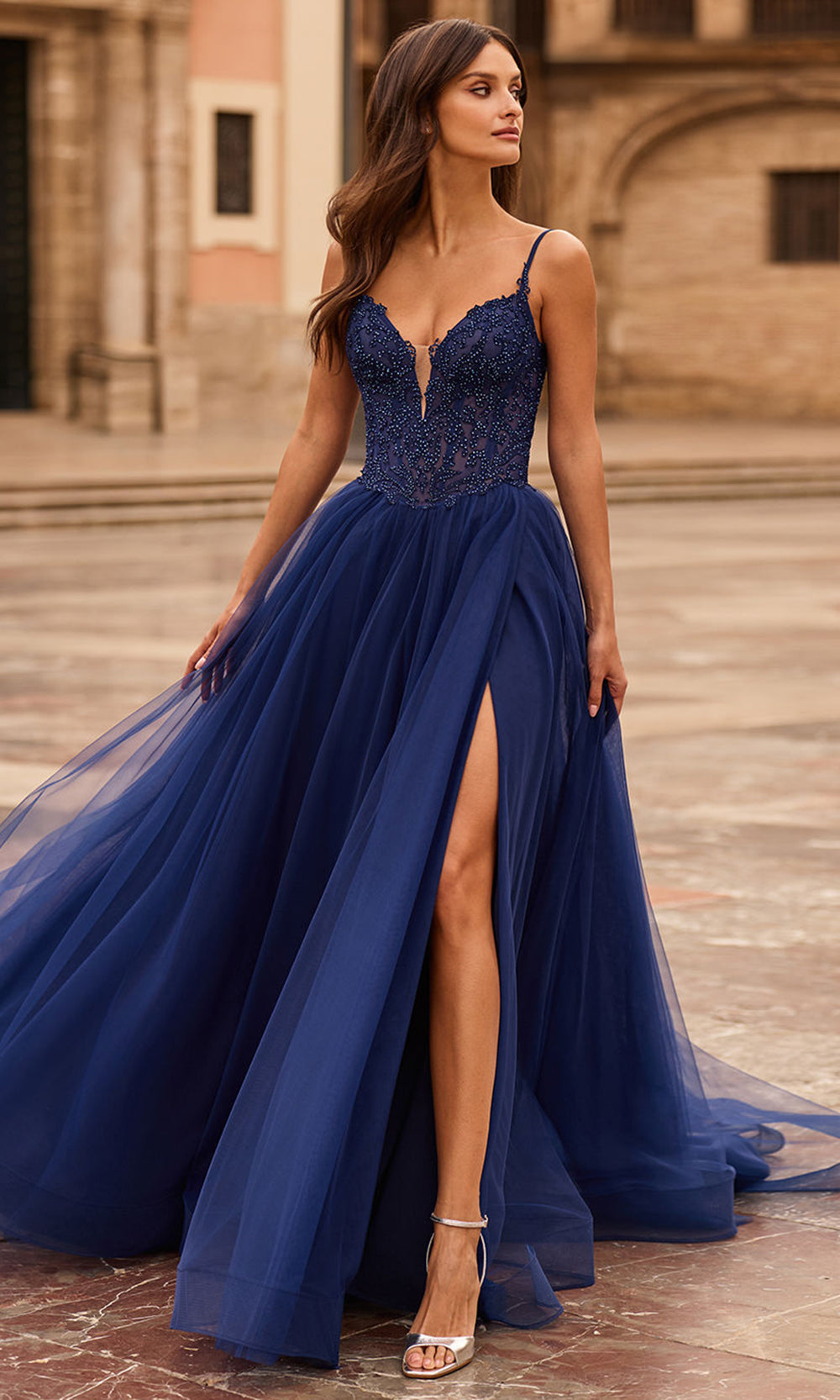 La Femme 33674 - Scoop Back Applique A-Line Gown Prom Dresses in Marine Blue
