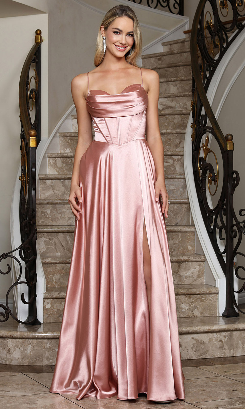 Adora Design 3368-01 - Cowl Neckline Minimalist Long Gown In Pink