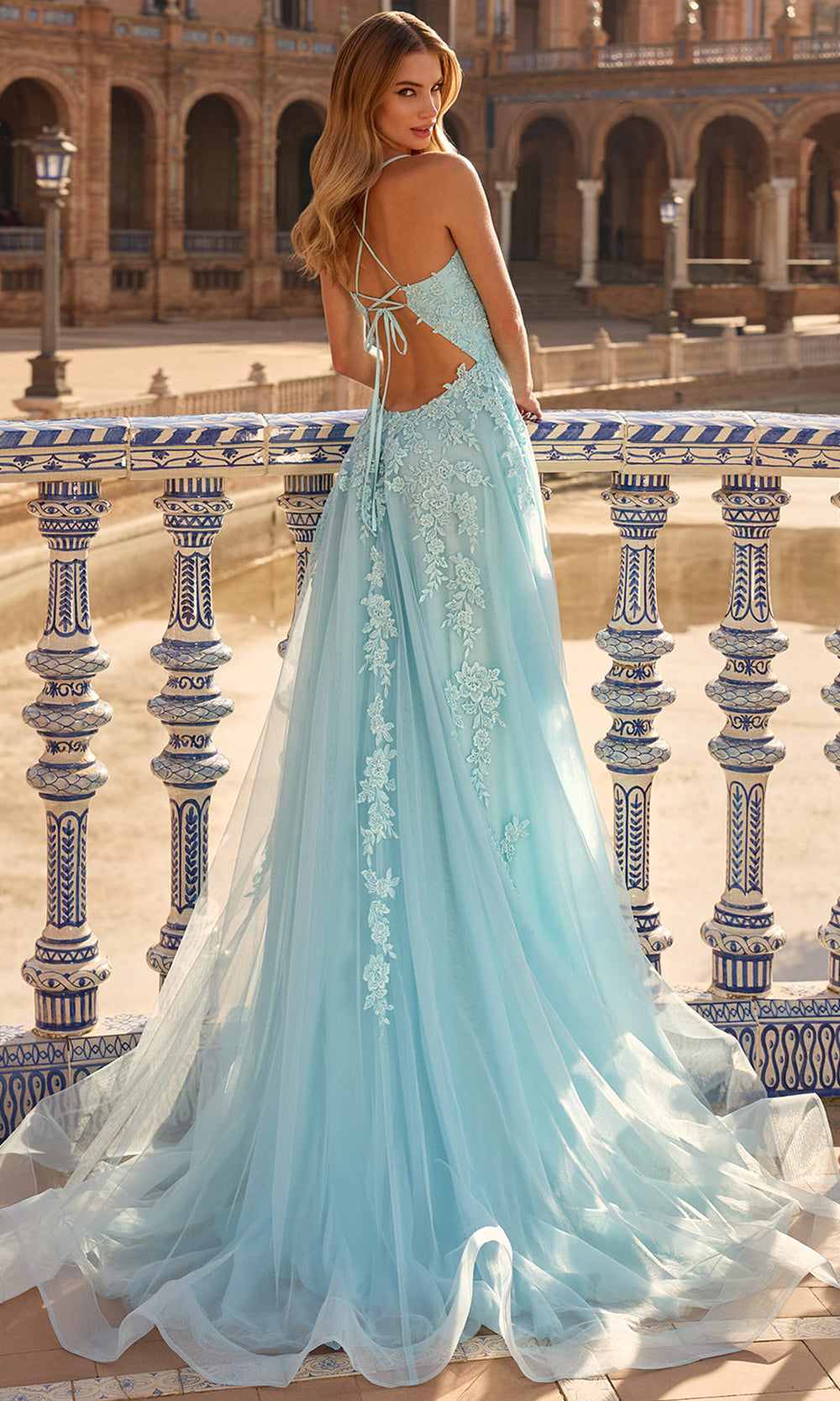 La Femme 33715 - Tie Open Back Embroidered Sleeveless Gown Prom Dresses in Cloud Blue