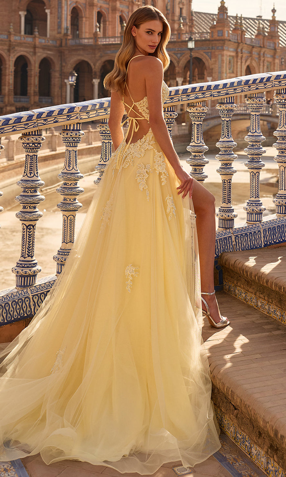 La Femme 33716 - Floral Beaded Lace-Up Back Gown with Slit Prom Dresses in Pale Yellow