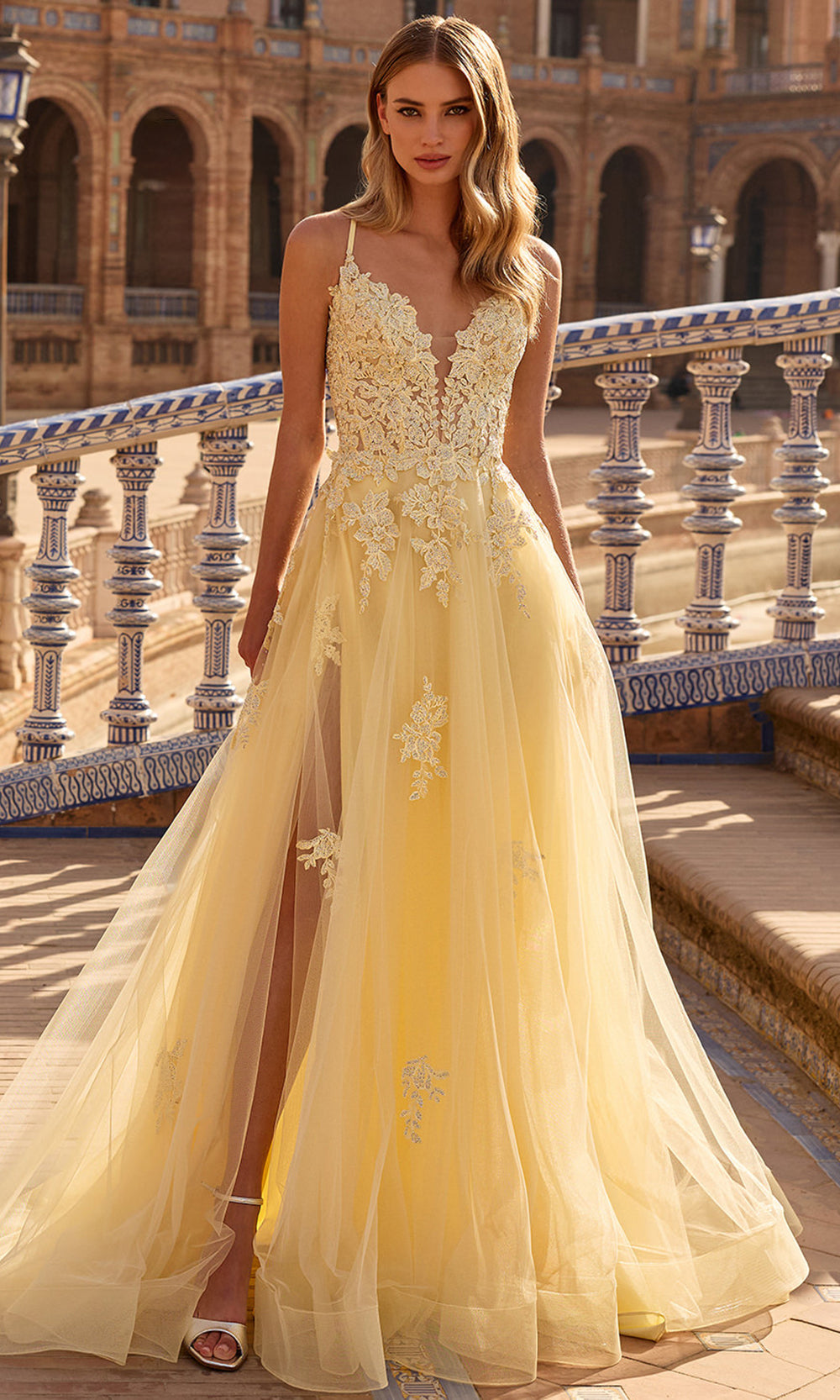 La Femme 33716 - Floral Beaded Lace-Up Back Gown with Slit Prom Dresses in Pale Yellow