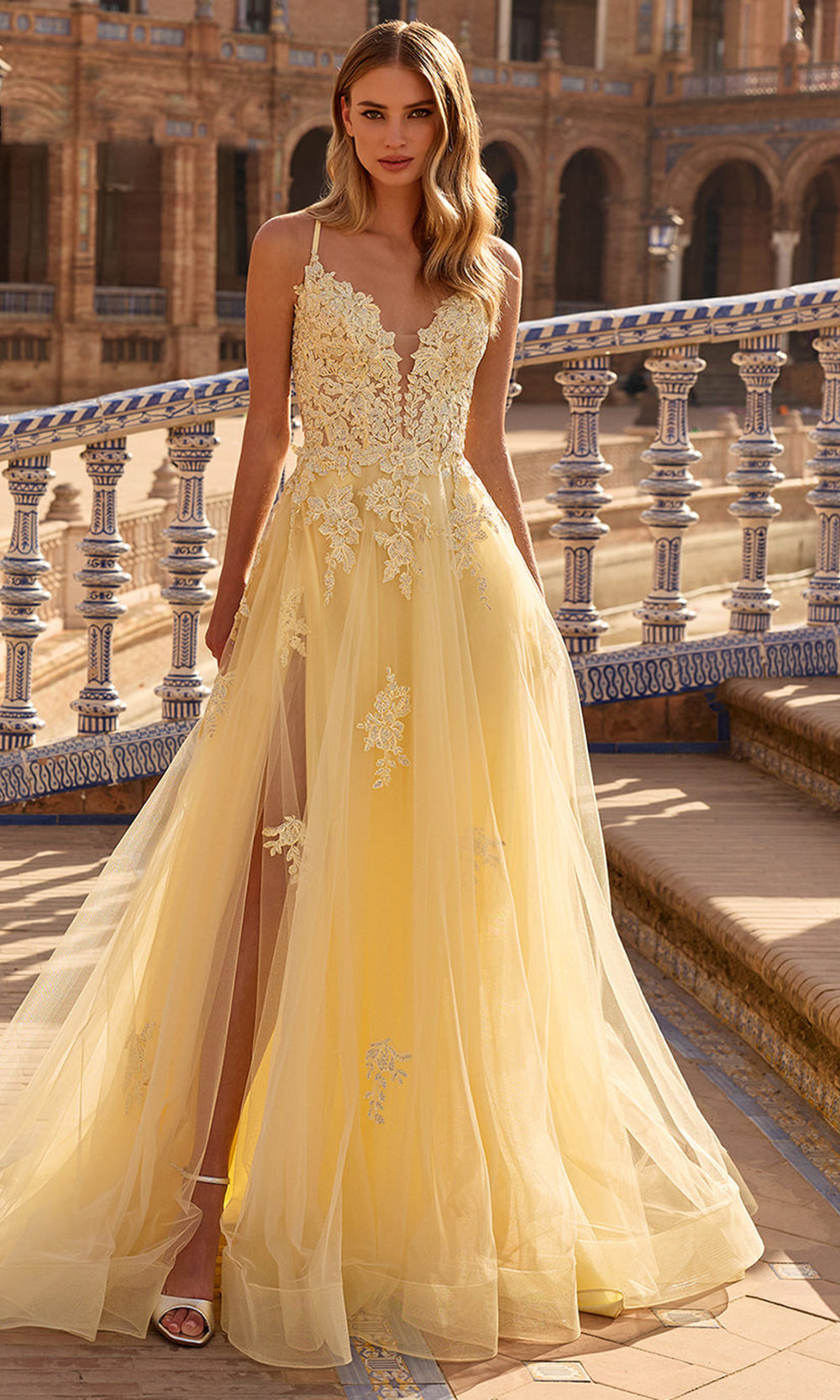 La Femme 33716 - Floral Beaded Lace-Up Back Gown with Slit Prom Dresses in Pale Yellow