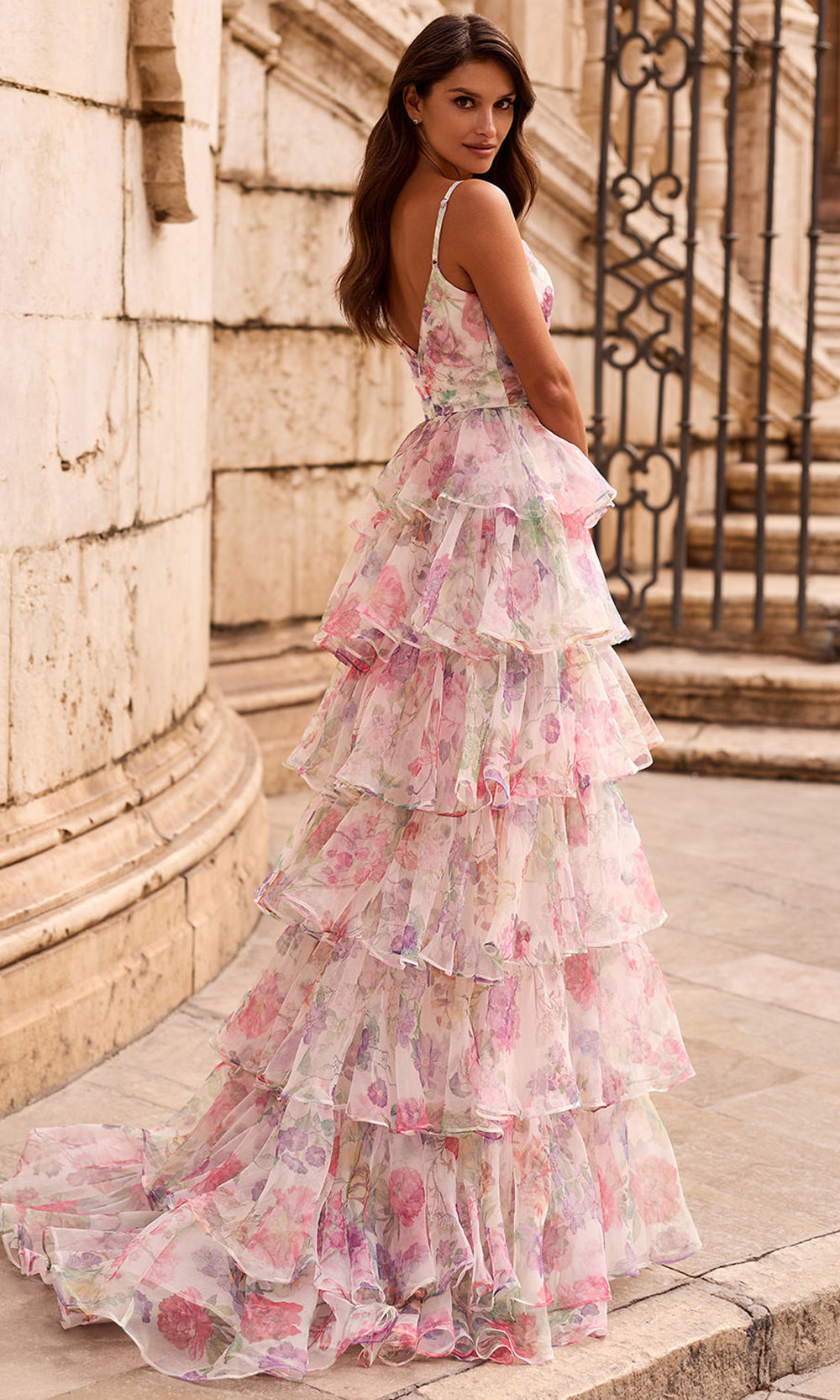 La Femme 33740 - Tiered Skirt Floral Print Sleeveless Gown Prom Dresses in Multi 