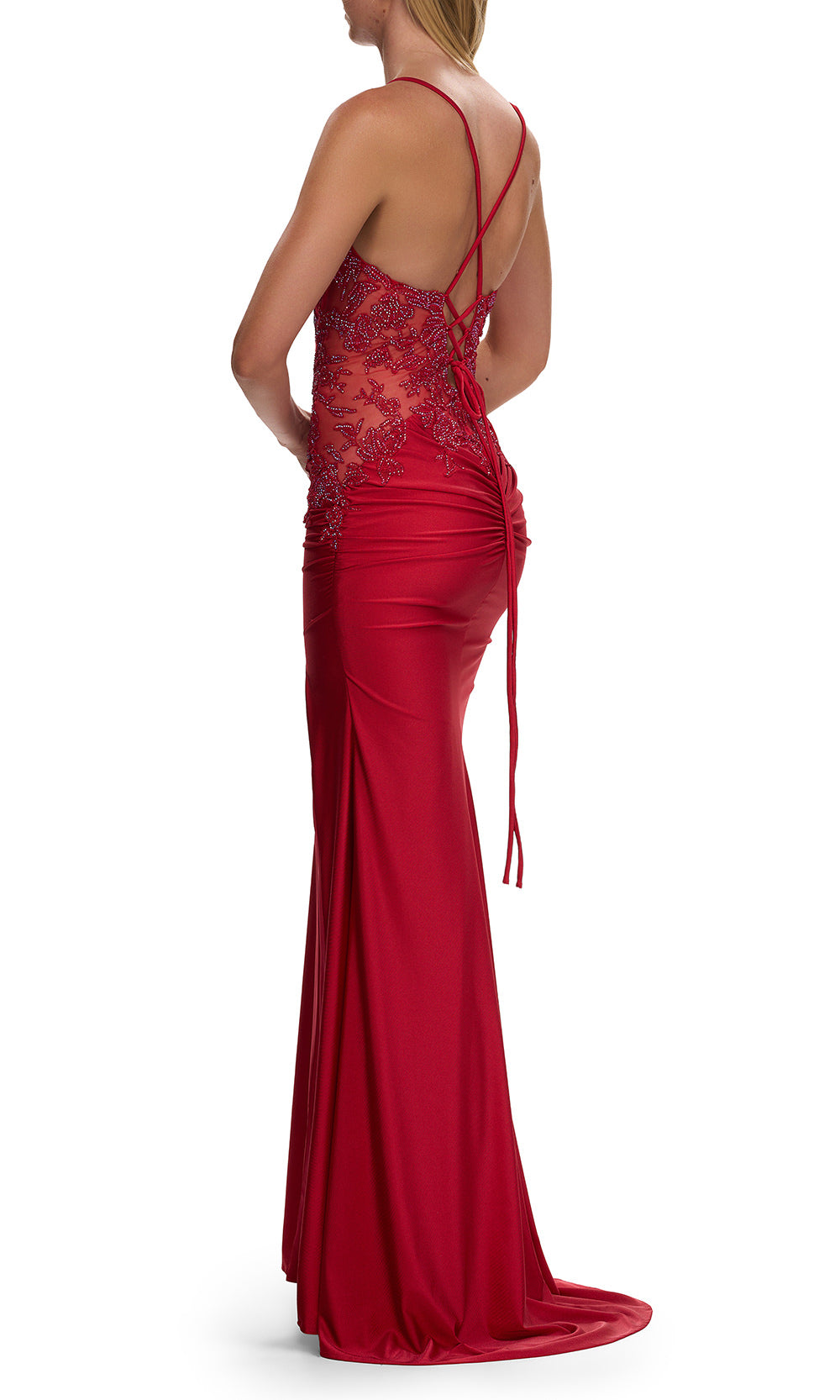 La Femme 33769 - Embroidered Top Ruched Sheath Prom Gown Prom Dresses in Red 