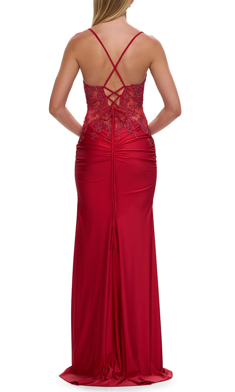 La Femme 33769 - Embroidered Top Ruched Sheath Prom Gown Prom Dresses in Red 
