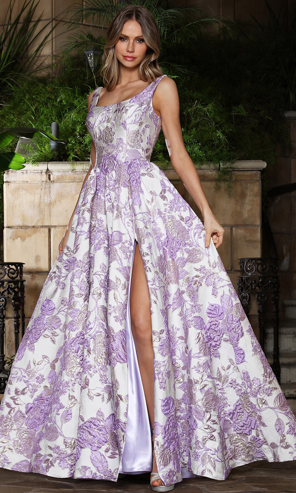 Adora Design 3379 - Scoop Back Floral A-Line Gown Evening Dresses in Purple and Multi