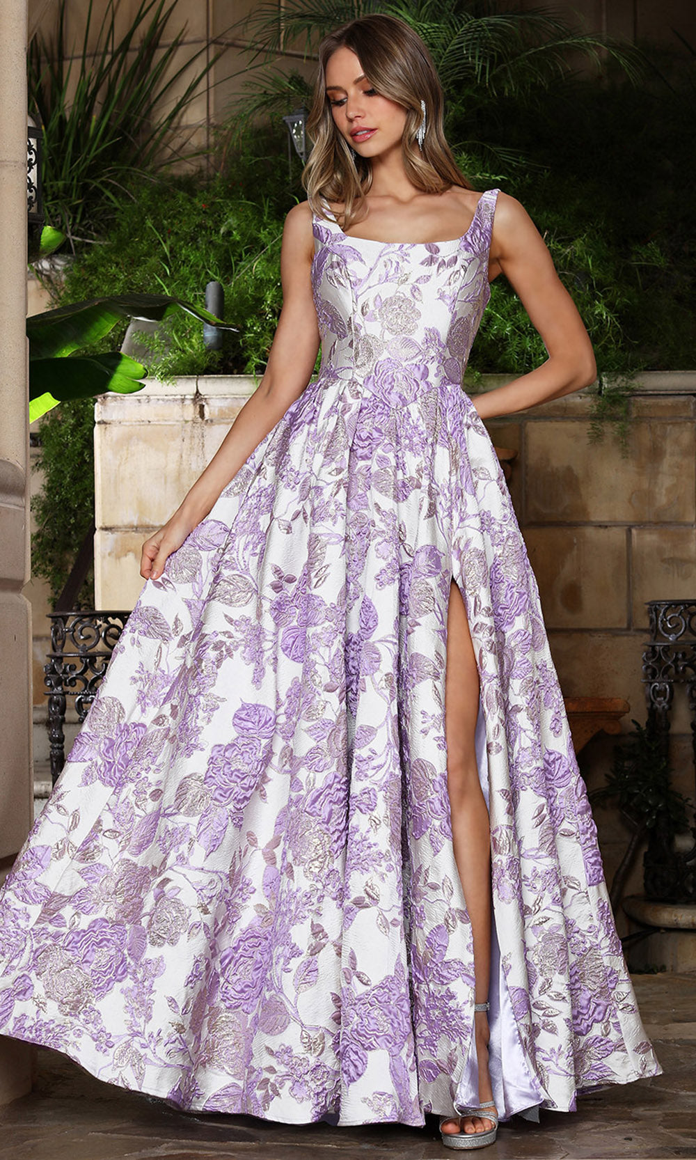 Adora Design 3379 - Scoop Back Floral A-Line Gown Evening Dresses in Purple and Multi