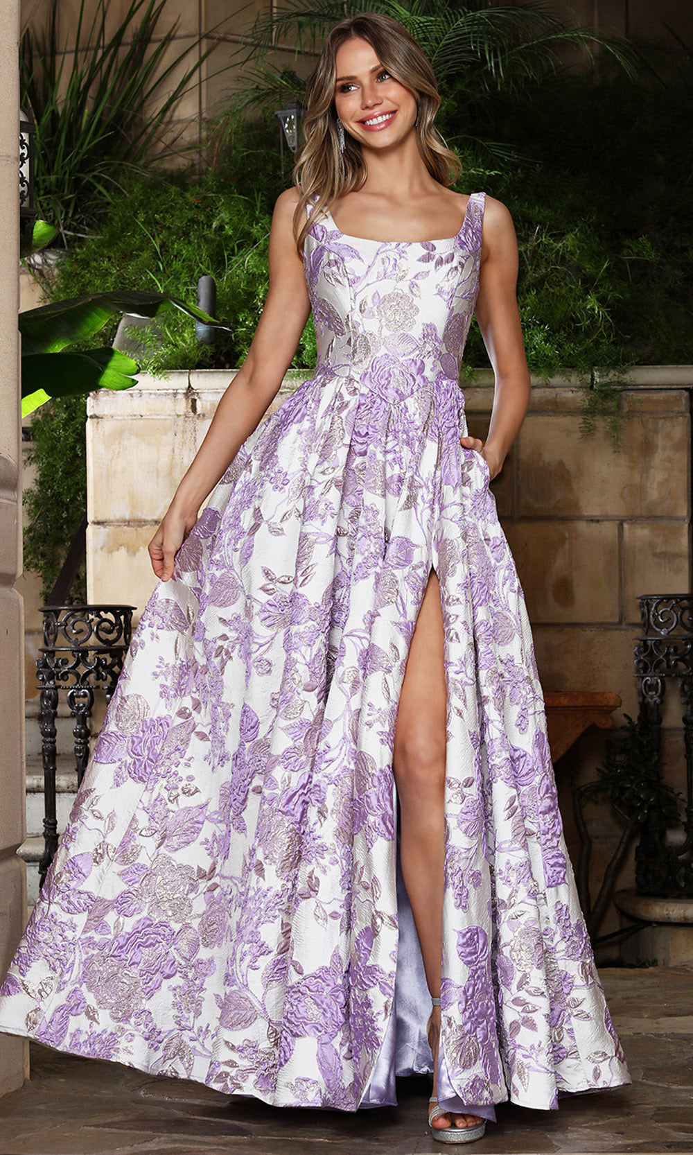 Adora Design 3379 - Scoop Back Floral A-Line Gown Evening Dresses in Purple and Multi