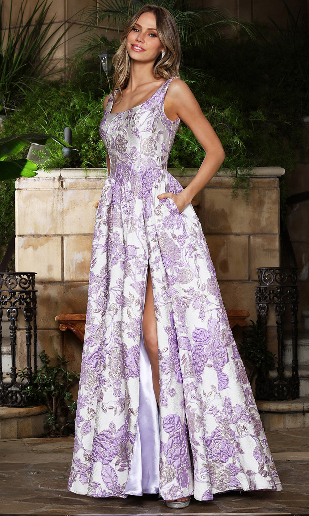 Adora Design 3379 - Scoop Back Floral A-Line Gown Evening Dresses in Purple and Multi