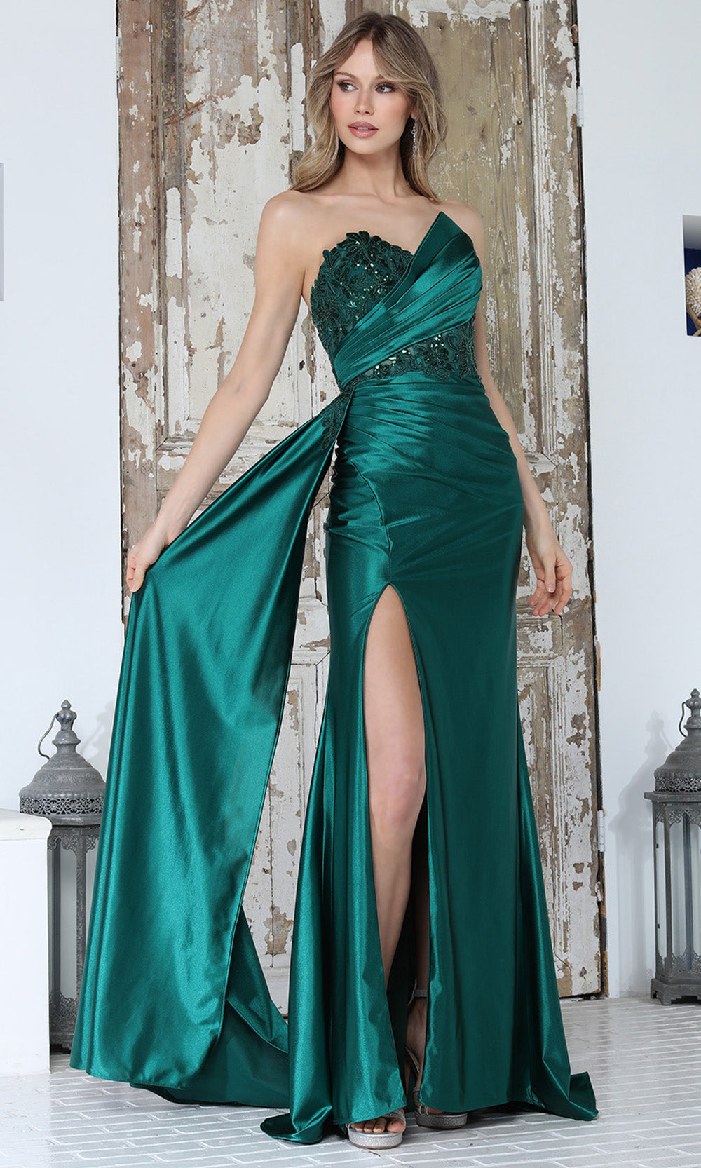 Adora Design 3381 - Strapless Applique Sheath Dress with Side Sash Prom Dresses in Green  