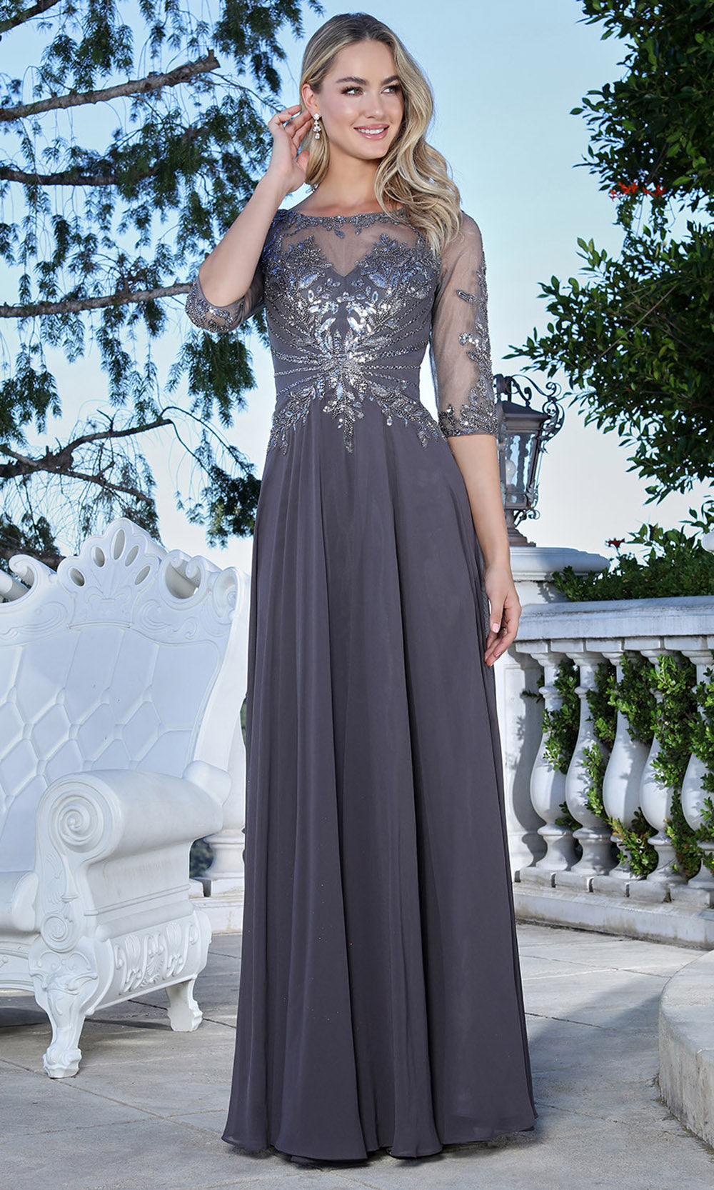 Adora Design 3382-03 - Bateau Neckline Lace Applique Long Gown Mother Of The Bride Dresses in Gray  