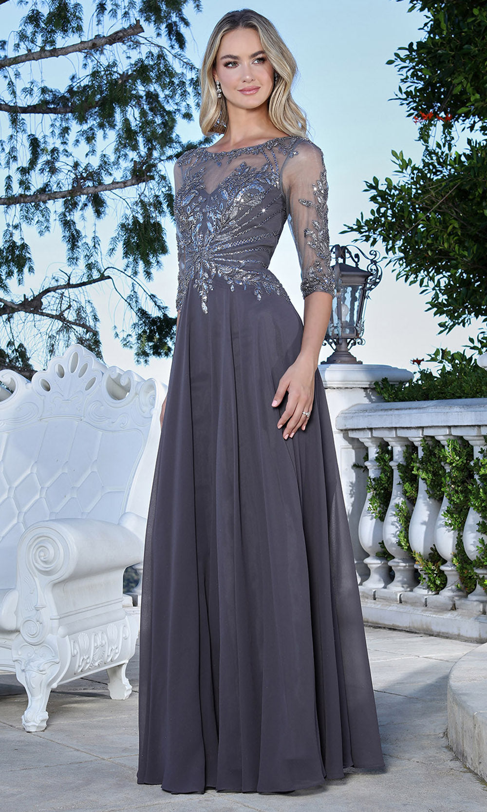 Adora Design 3382-03 - Bateau Neckline Lace Applique Long Gown Mother Of The Bride Dresses in Gray  