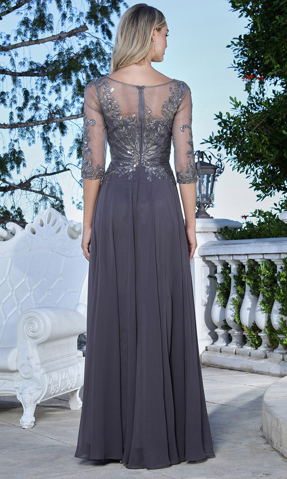 Adora Design 3382-03 - Bateau Neckline Lace Applique Long Gown Mother Of The Bride Dresses in Gray  