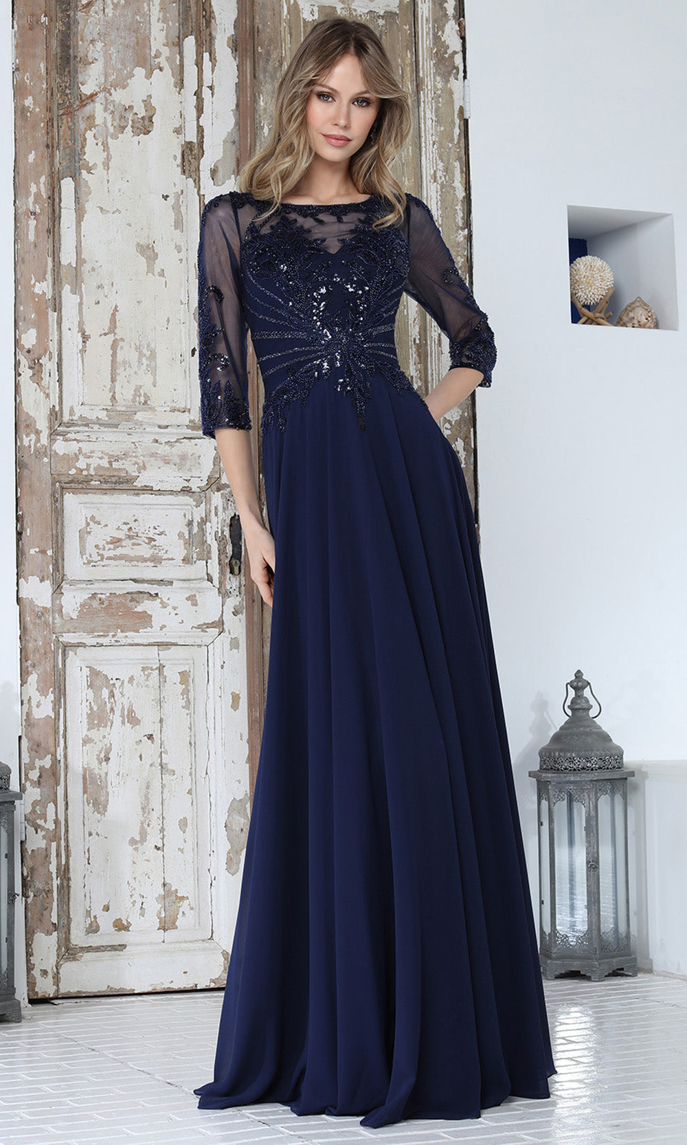 Adora Design 3382-03 - Bateau Neckline Lace Applique Long Gown Mother Of The Bride Dresses in Blue  