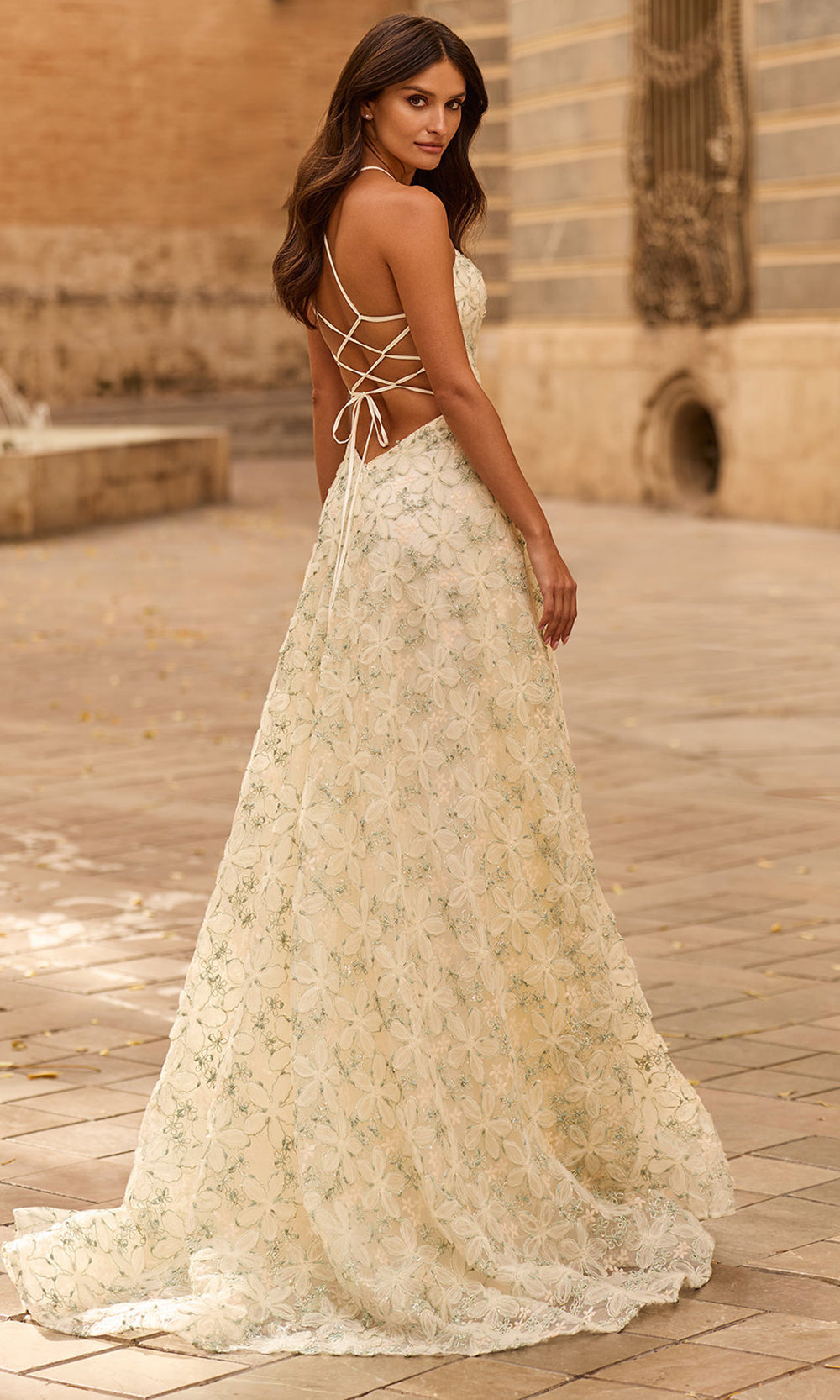 La Femme 33865 - Lace-Up Back Floral Lace Gown with Slit Prom Dresses in Multi 