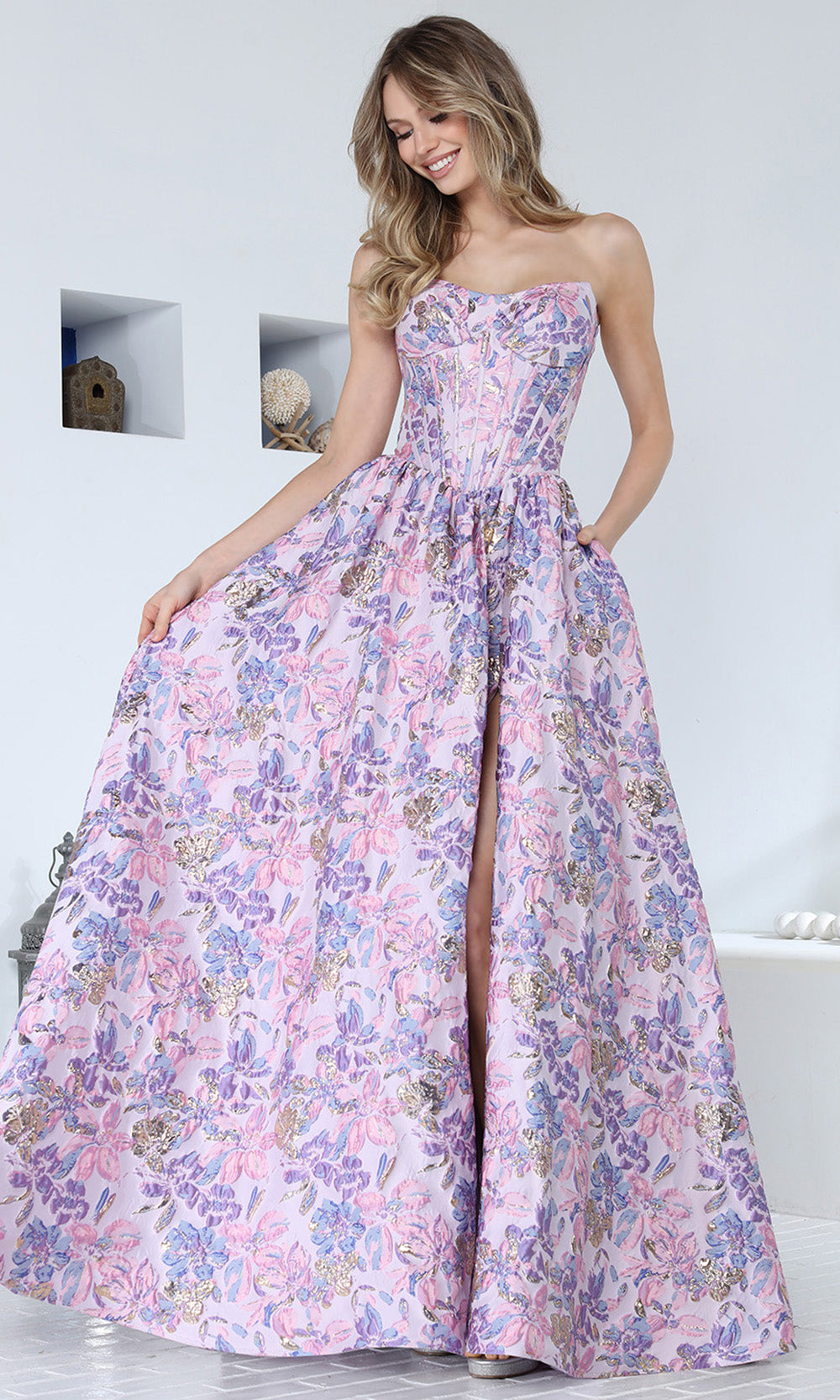 Adora Design 3389 - Strapless Corset Floral Evening Gown Ball Gowns in Purple Multi 