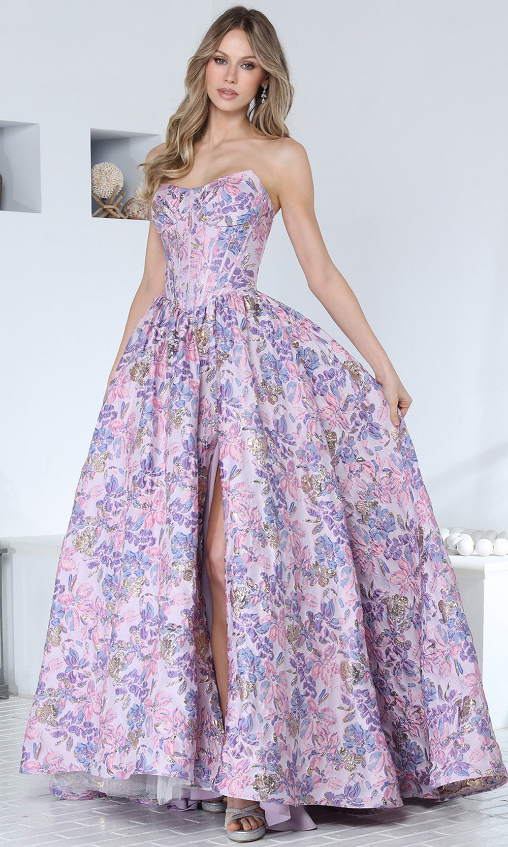 Adora Design 3389 - Strapless Corset Floral Evening Gown Ball Gowns in Purple Multi 