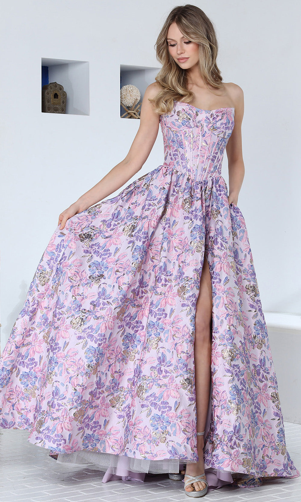 Adora Design 3389 - Strapless Corset Floral Evening Gown Ball Gowns in Purple Multi 