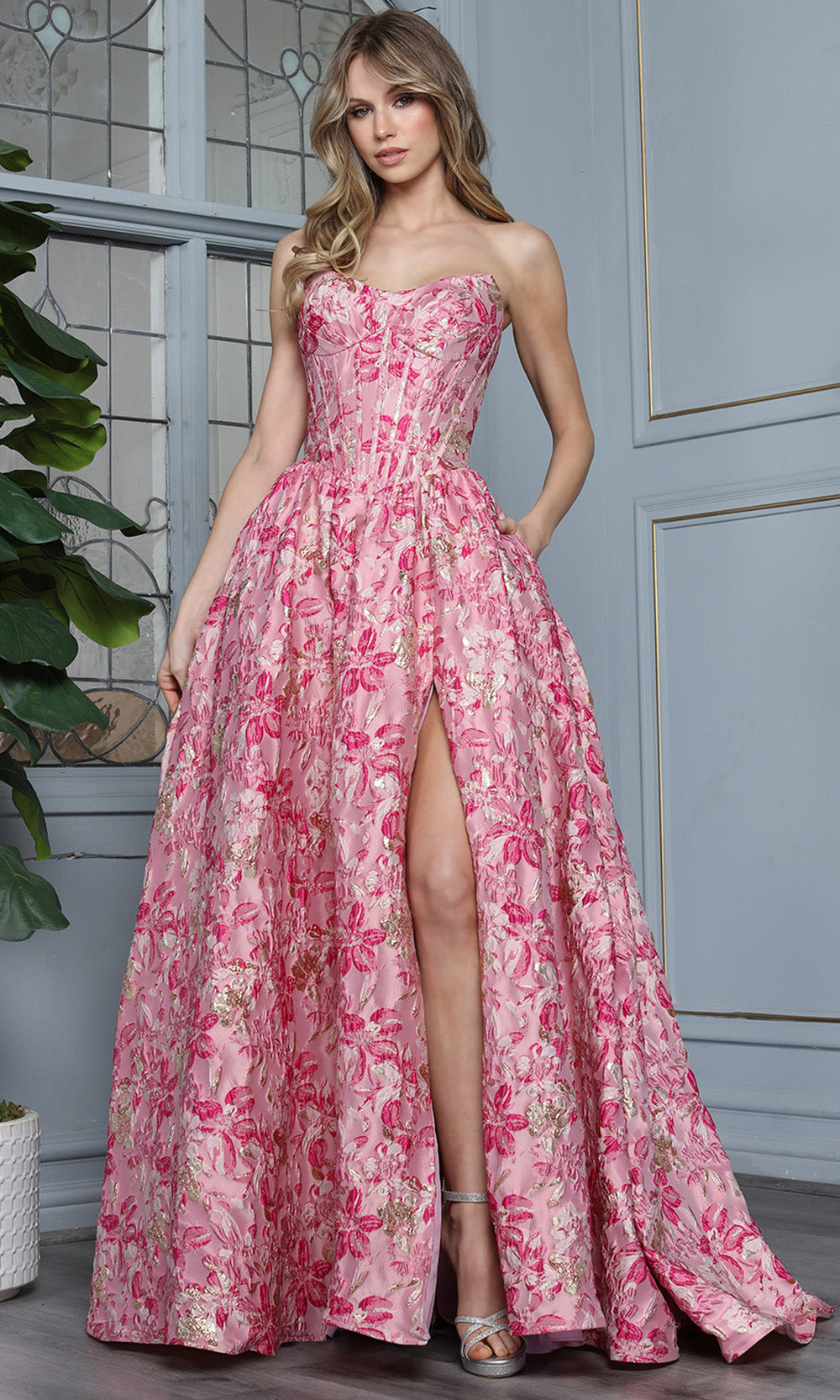 Adora Design 3389 - Strapless Corset Floral Evening Gown Ball Gowns in Pink Multi 