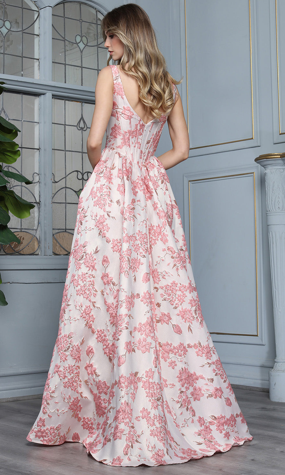 Adora Design 3396 - Square Neck Long Gown with Floral Texture Evening Dresses in Pink Multi 