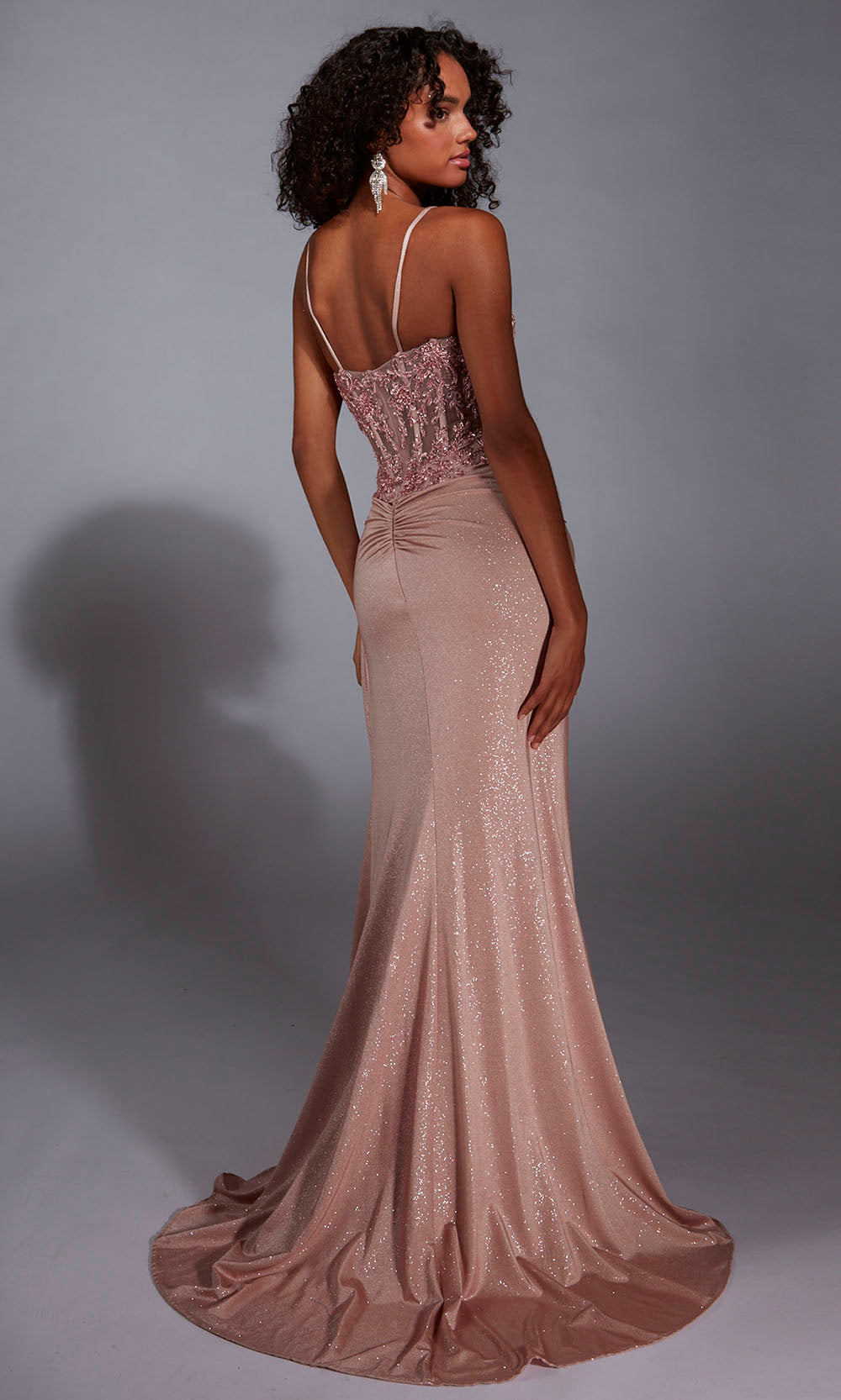 Aerie Couture 341 - Long Stretch Satin Trumpet Dress - Stretch satin skirt,  Lace-applique corset bodice with boning, Spaghetti straps, High thigh-side  slit, Floor-length sweep train.  ADASA
