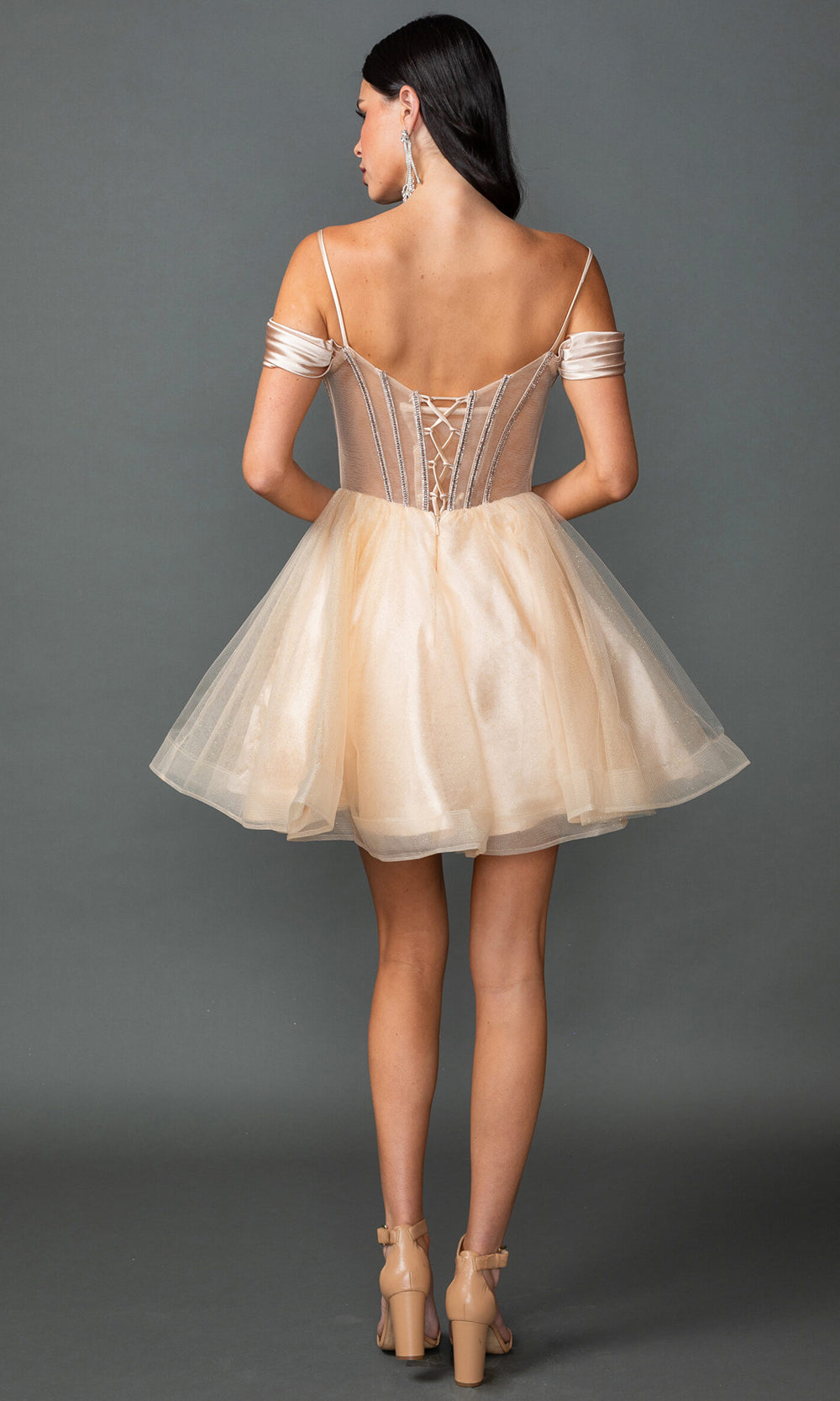 Dancing Queen 3428 - Cold Shoulder Embellished Flared Dress Homecoming Dresses in Champagne 