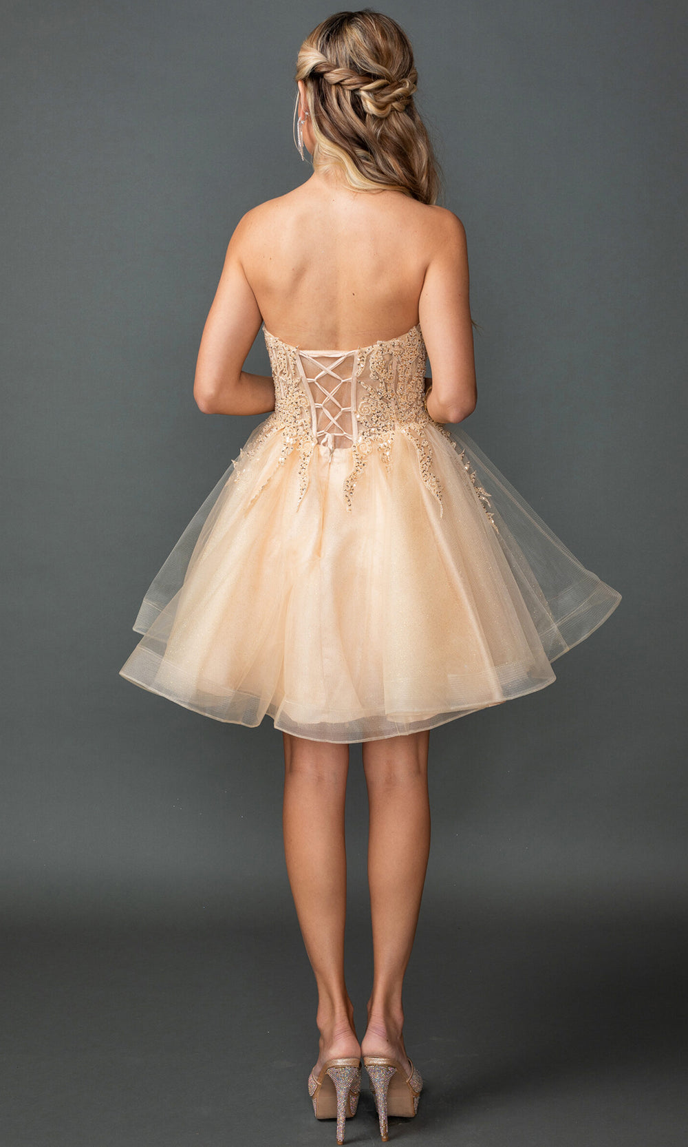 Dancing Queen 3430 - Lace-Up Back Flared Sweetheart Dress Homecoming Dresses in Champagne 