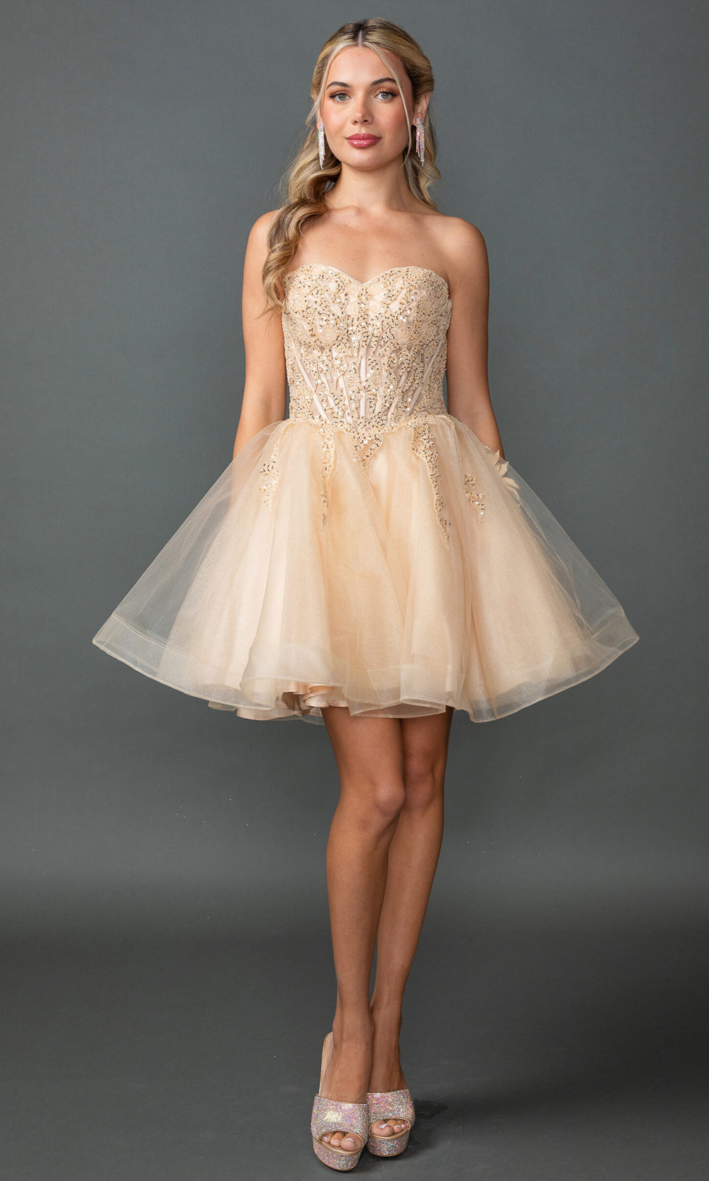 Dancing Queen 3430 - Lace-Up Back Flared Sweetheart Dress Homecoming Dresses in Champagne 