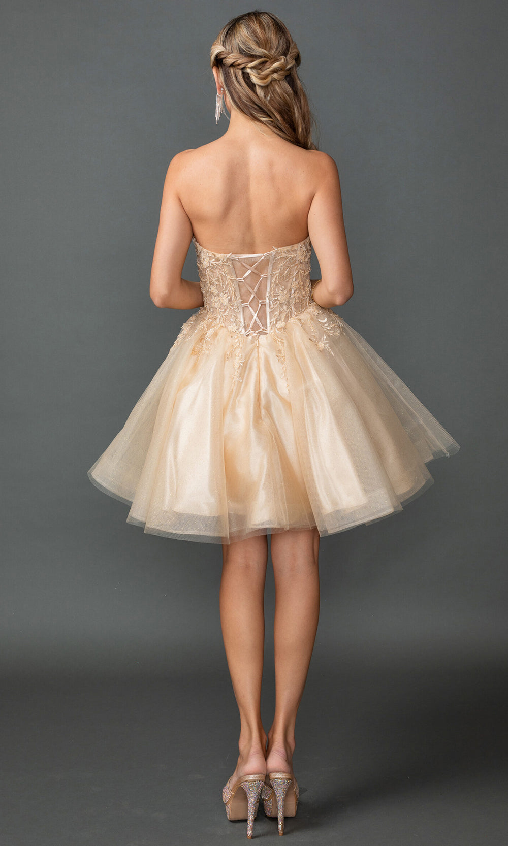 Dancing Queen 3431 - Sweetheart Applique Layered Short Dress Homecoming Dresses in Champagne 
