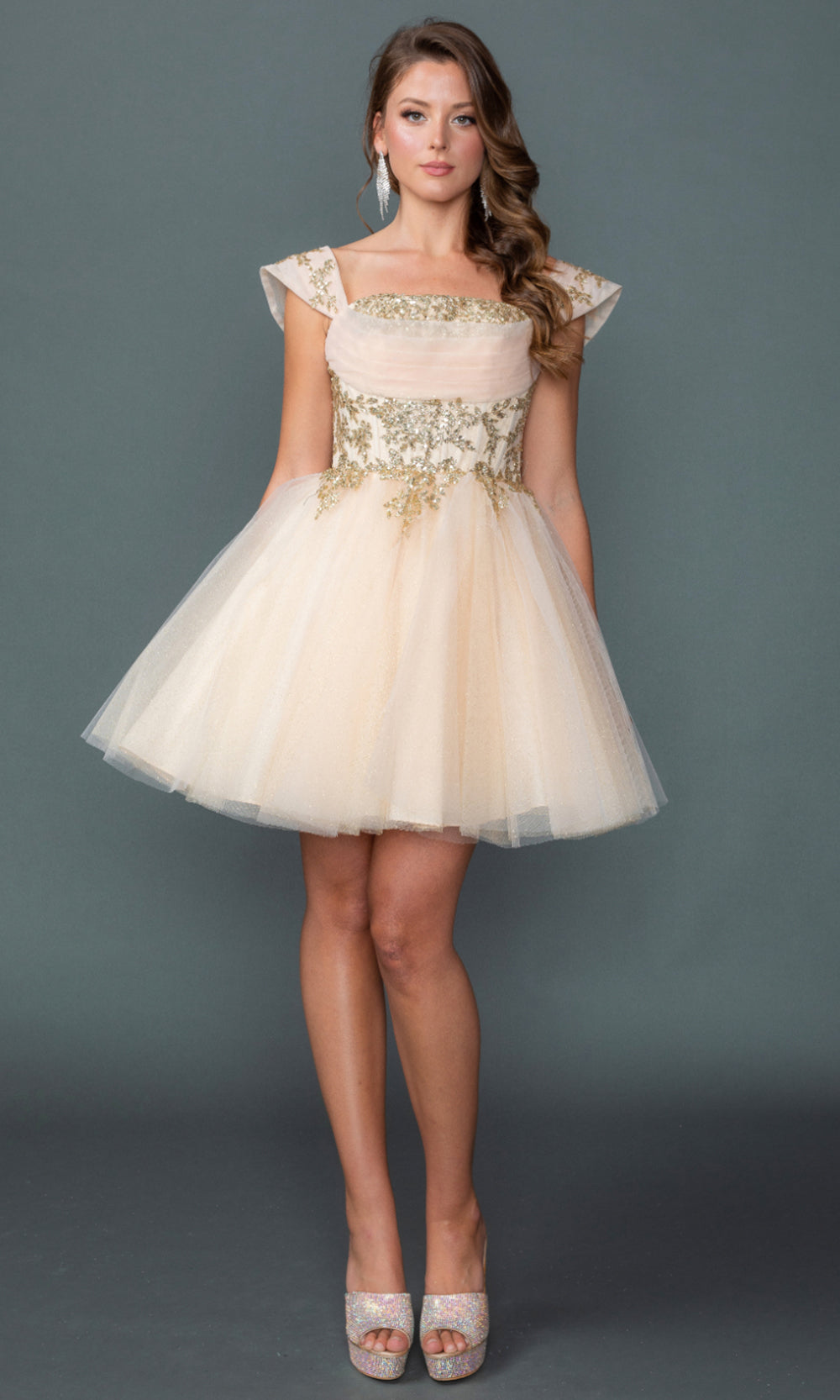 Dancing Queen 3433 - Lace-Up Back Layered A-Line Dres Cocktail Dresses in Champange 