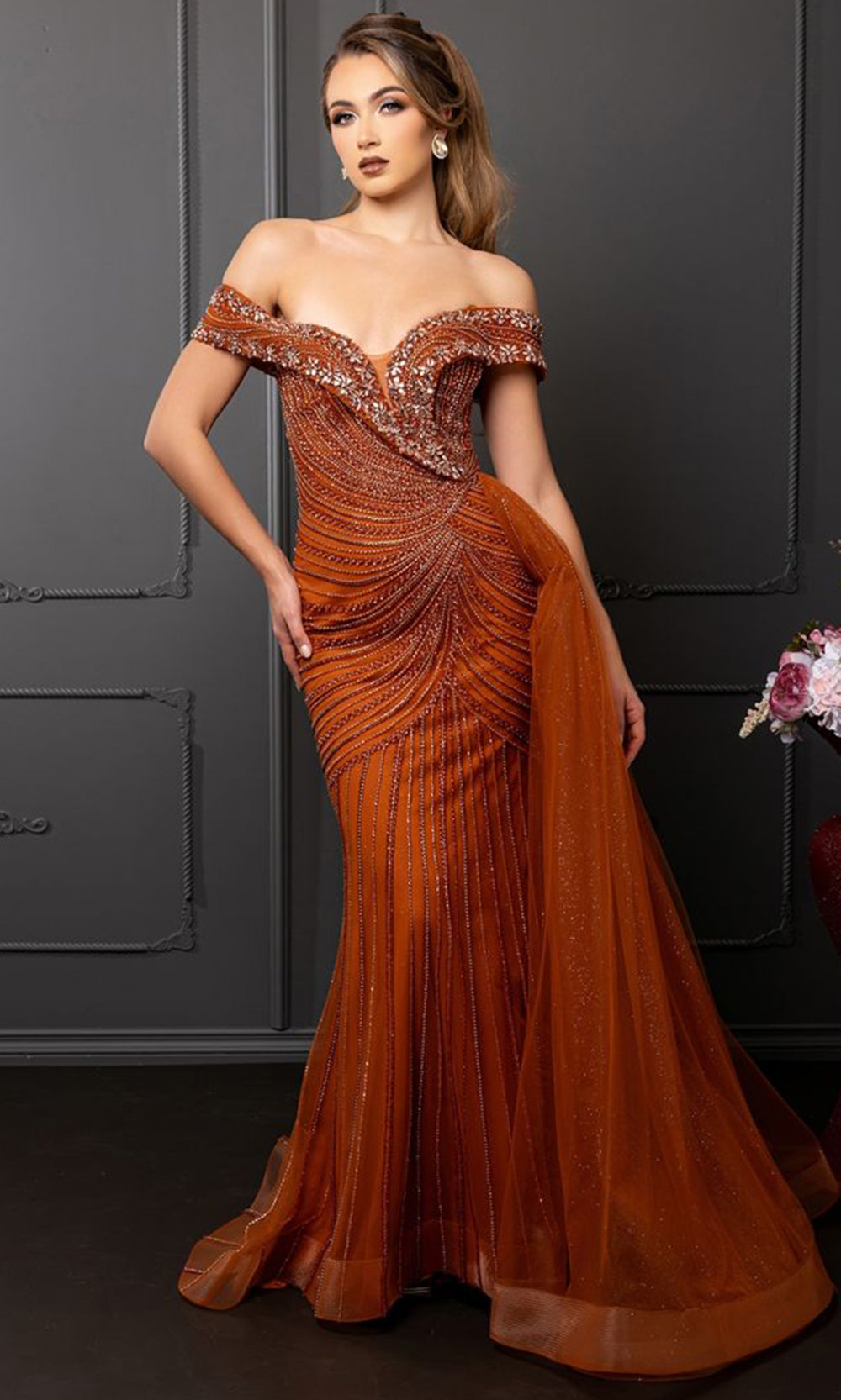 May Queen RQ8261 - Beaded Off Shoulder Evening Gown Prom Dresses in Orange 