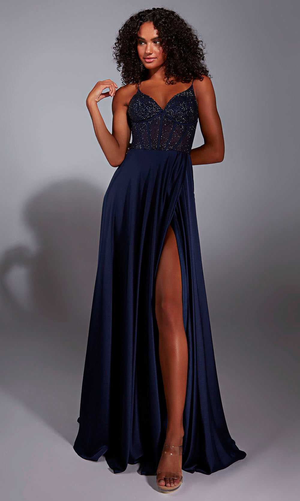 Aerie Couture 348 - Beaded Mesh Corset Column Dress with Slit Prom Dresses