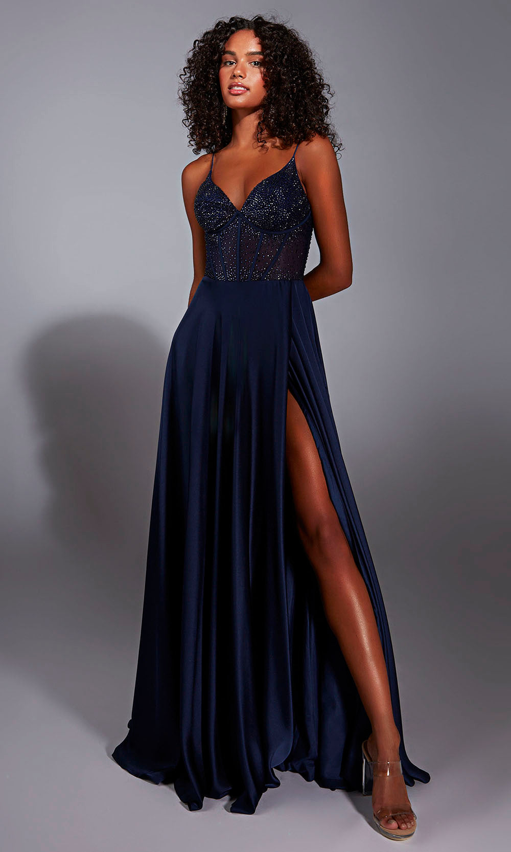 Aerie Couture 348 - Beaded Mesh Corset Column Dress with Slit Prom Dresses