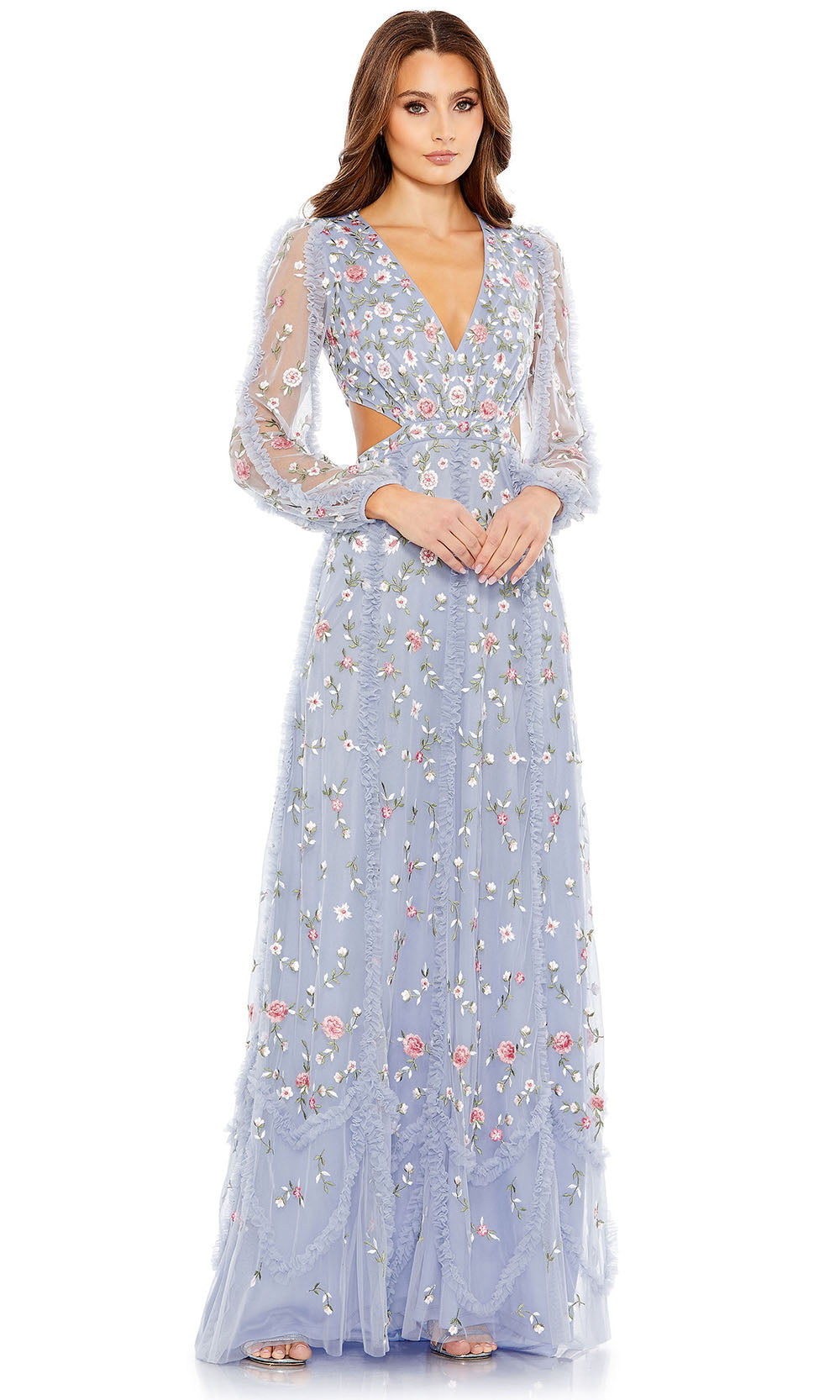 Mac Duggal 35107 - Sheer Long Sleeve V-Neck Long Dress Special Occasion Dresses 0 /Periwinkle