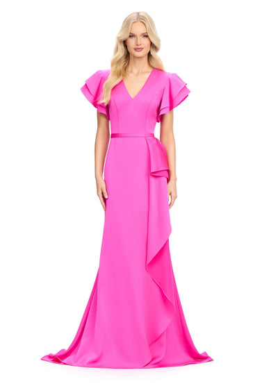 Ashley Lauren 11737 - Flutter Sleeve Ruffle Evening Gown In Pink