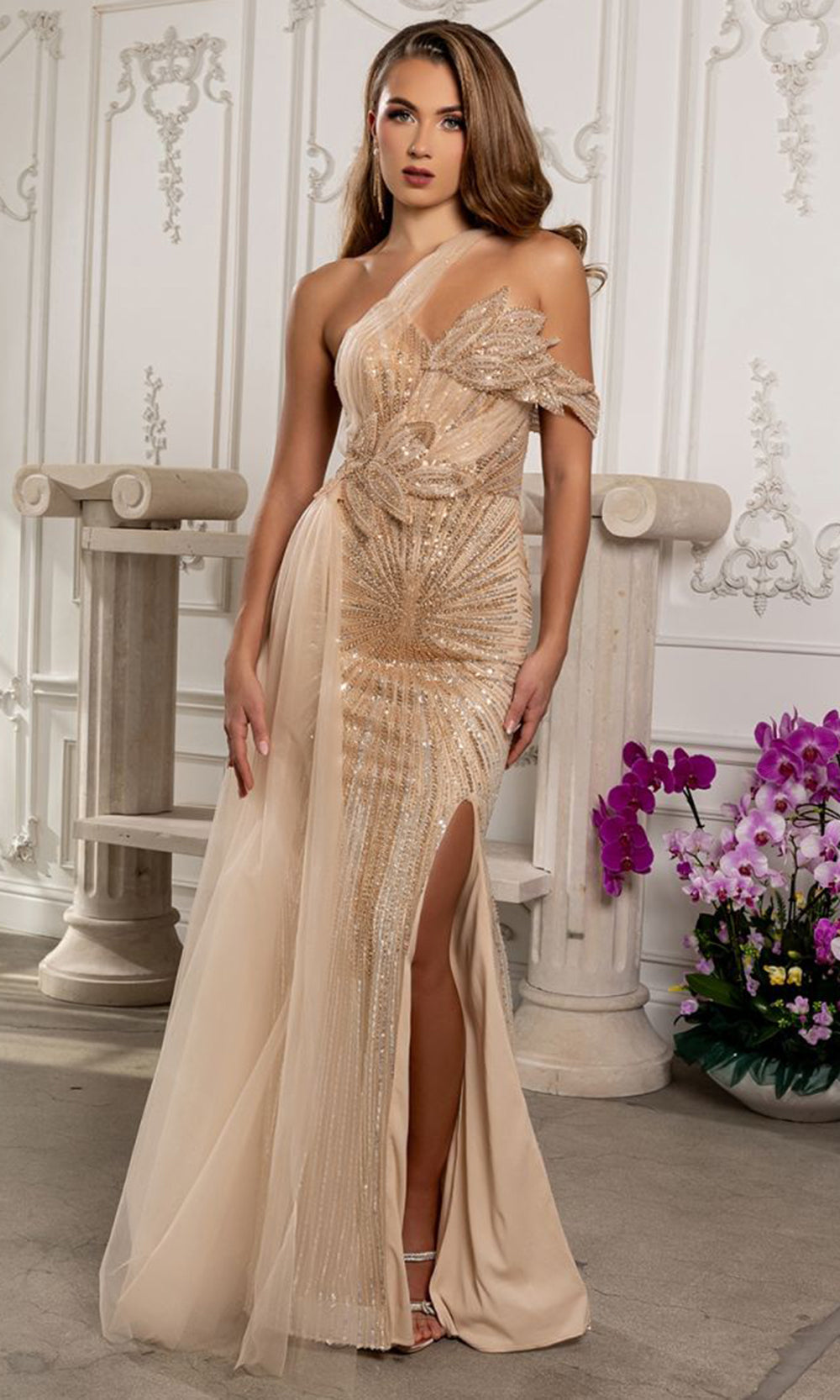 May Queen RQ8264 - Asymmetric Neckline Floral Evening Dress Prom Dresses in Champagne 