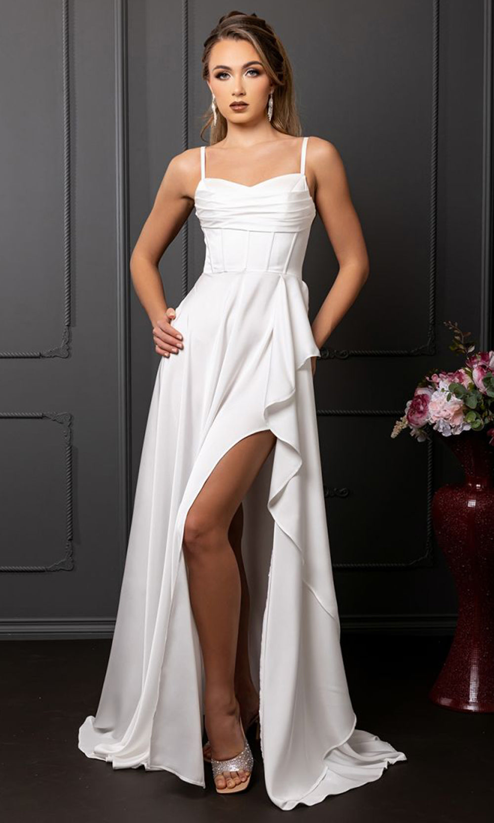 May Queen MQ2242 - Draped Ruffle Evening Dress Prom Dresses in White 