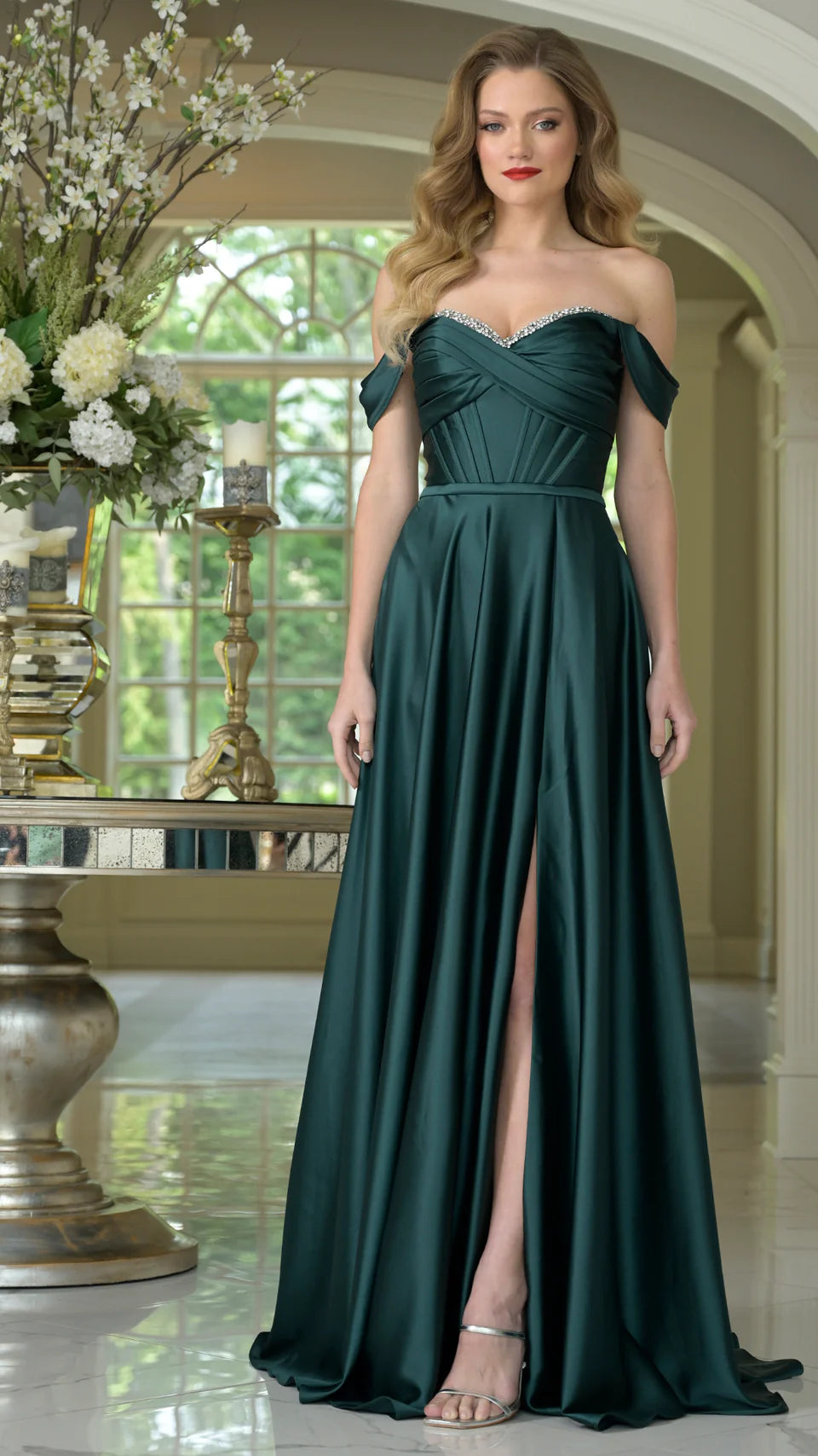 Colors Dress 3606 - Jewel Trimmed Off Shoulder Dress