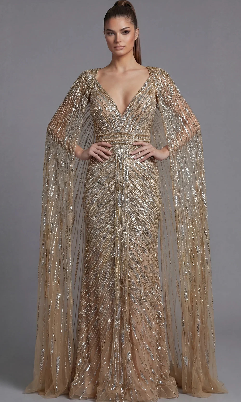 Jovani 36358 - Plunging Neck Fully Beaded Evening Gown Prom Dresses  in Nude  