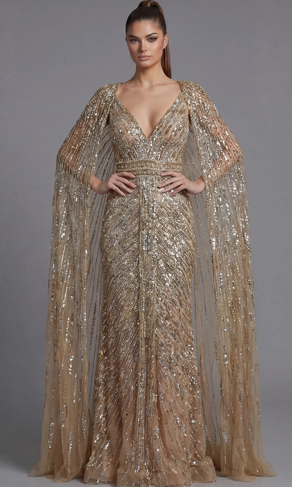 Jovani 36358 - Beaded Cape Sleeve Column Gown Special Occasion Dress In Nude