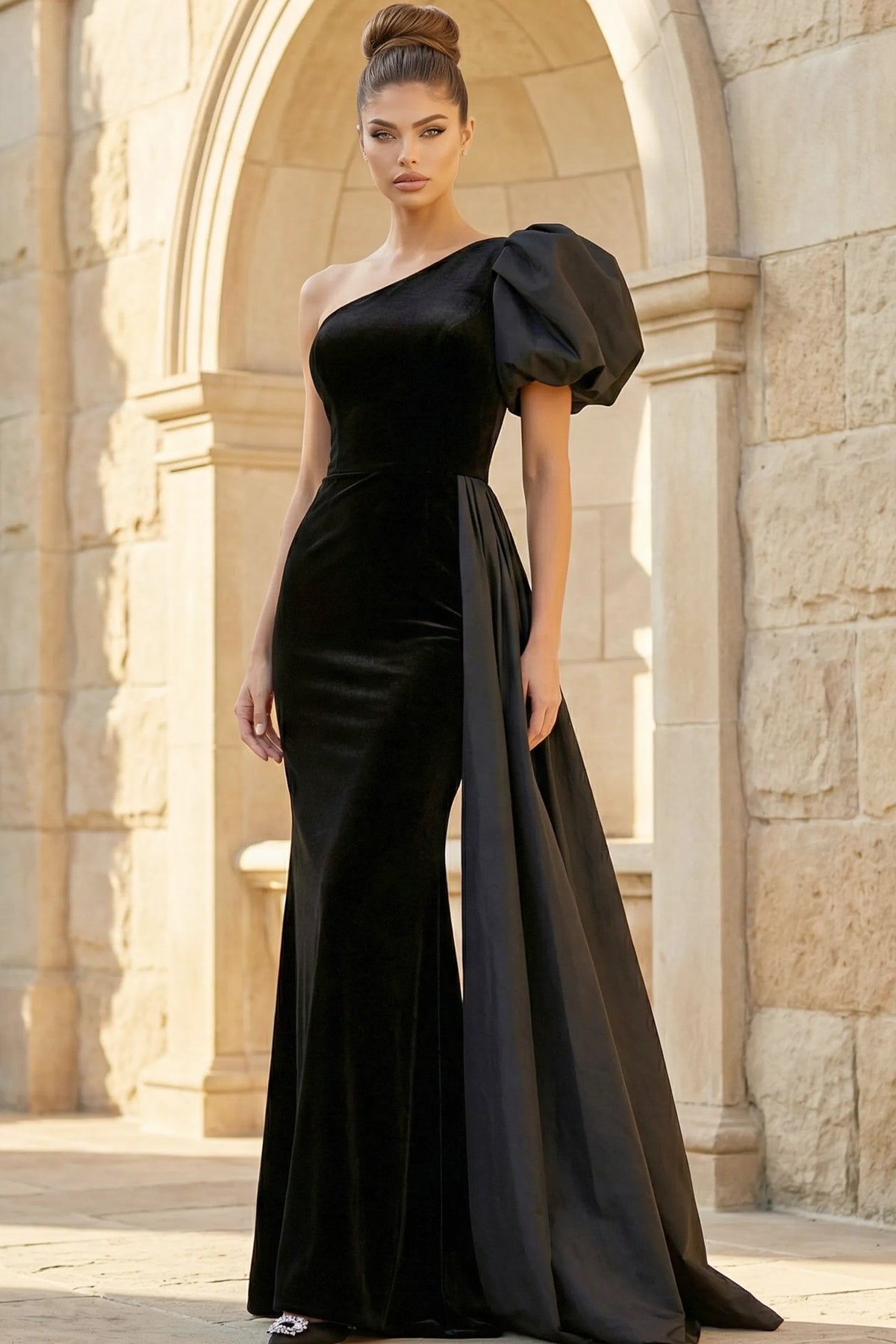 Jovani 36878 - Puff Sleeve Velvet Evening Gown