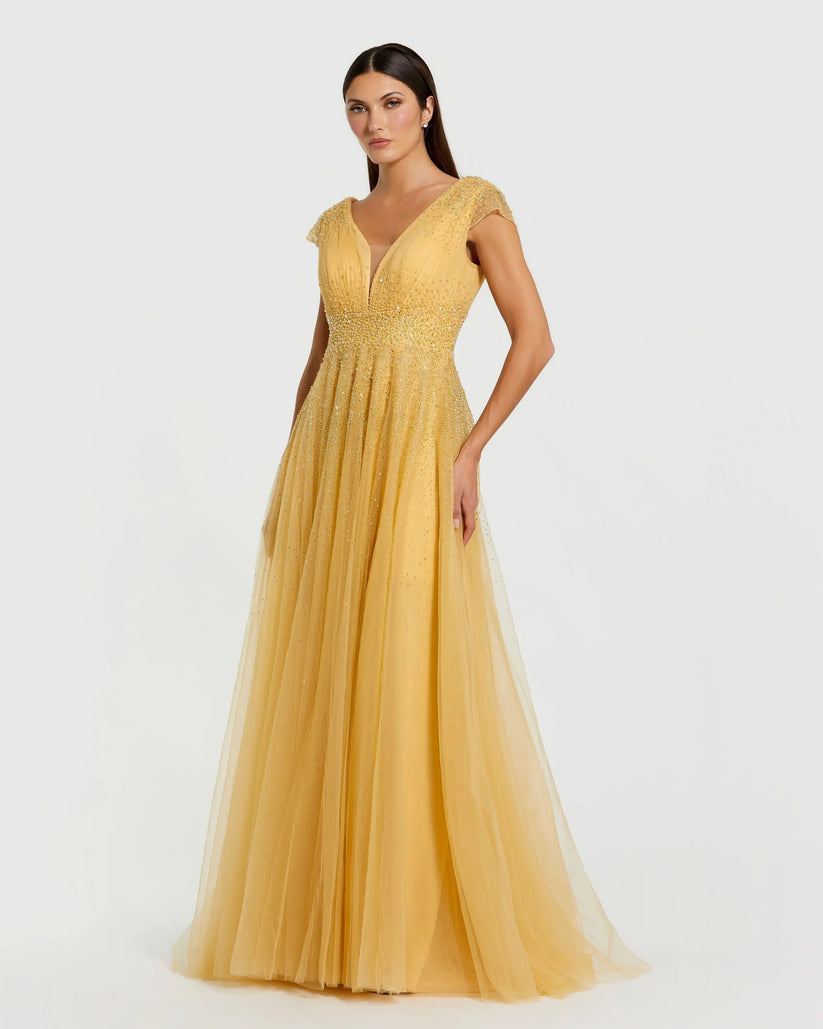 Mac Duggal 37018 - V-Neckline Jeweled Bodice Tulle Dress Formal Gowns in Gold