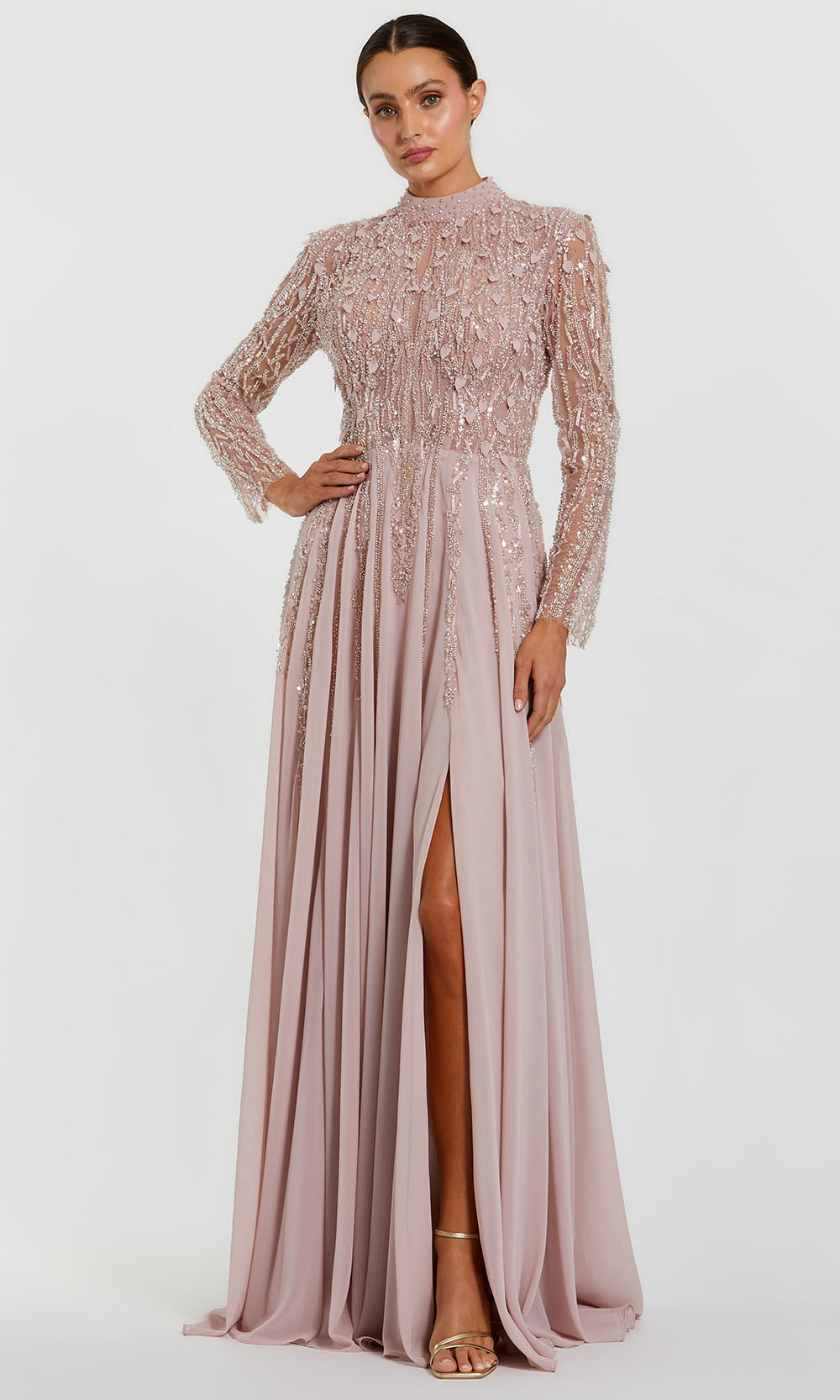 Mac Duggal 37037 - Long Sleeve Embellished Chiffon Gown Mother of the Bride Dresses in Pink