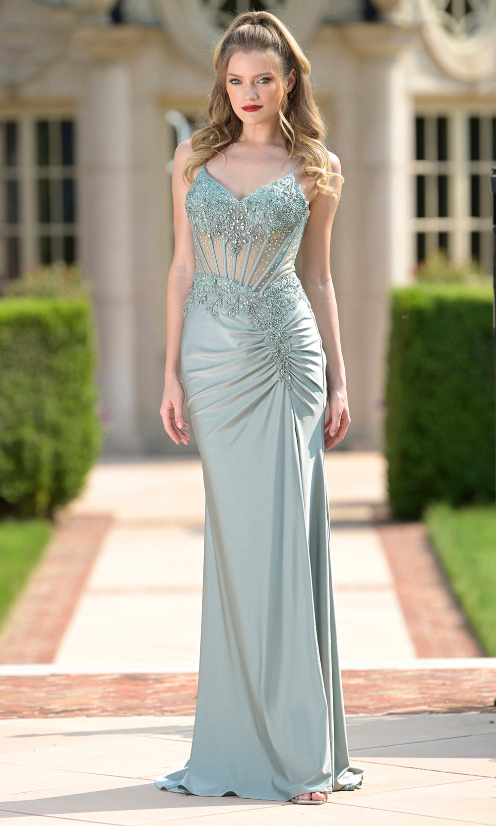 Colors Dress 3705 - Illusion Corset Spaghetti Strap Gown Prom Dresses